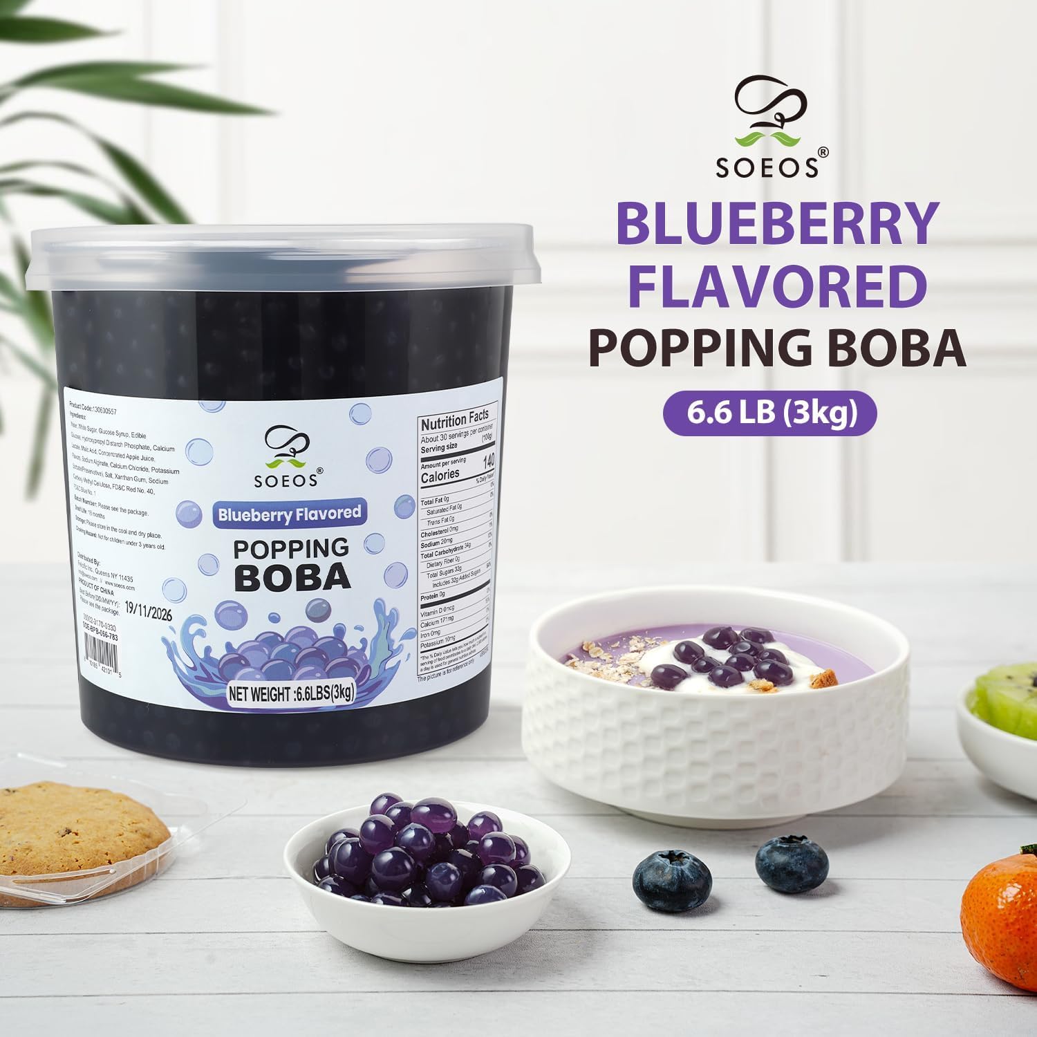 Soeos Blueberry Popping Boba pearls in bubble tea for a fruity pop.