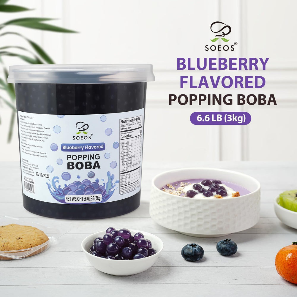 Soeos Blueberry Popping Boba pearls in bubble tea for a fruity pop.