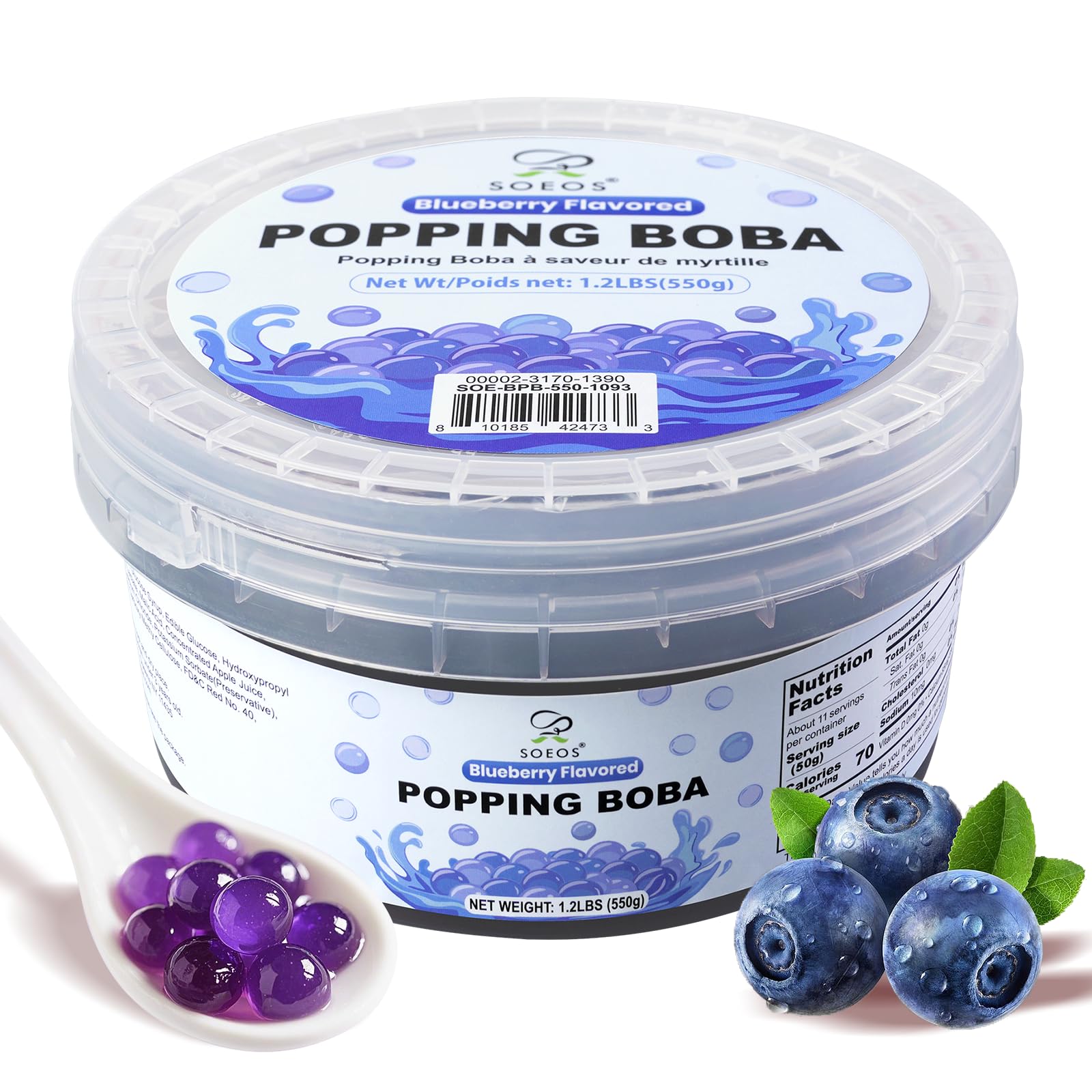 Soeos Blueberry Popping Boba jar close-up for bubble tea, vibrant and juicy