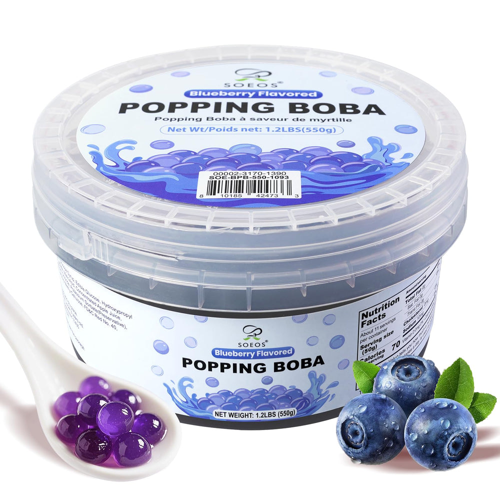 Soeos Blueberry Popping Boba jar close-up for bubble tea, vibrant and juicy