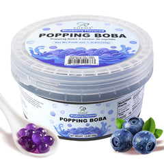 Soeos Blueberry Popping Boba jar close-up for bubble tea, vibrant and juicy