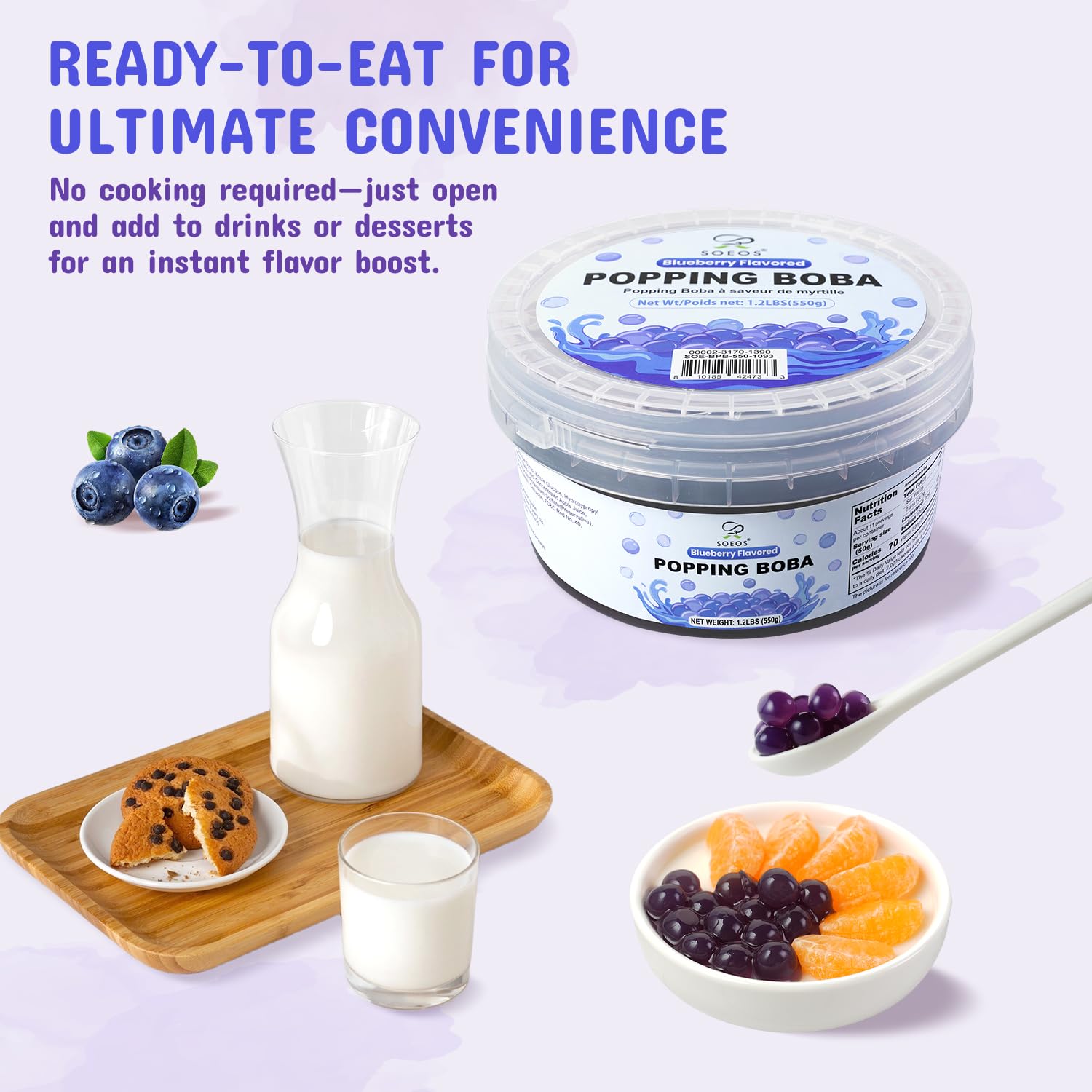 Soeos Blueberry Popping Boba on a party tray, premium option