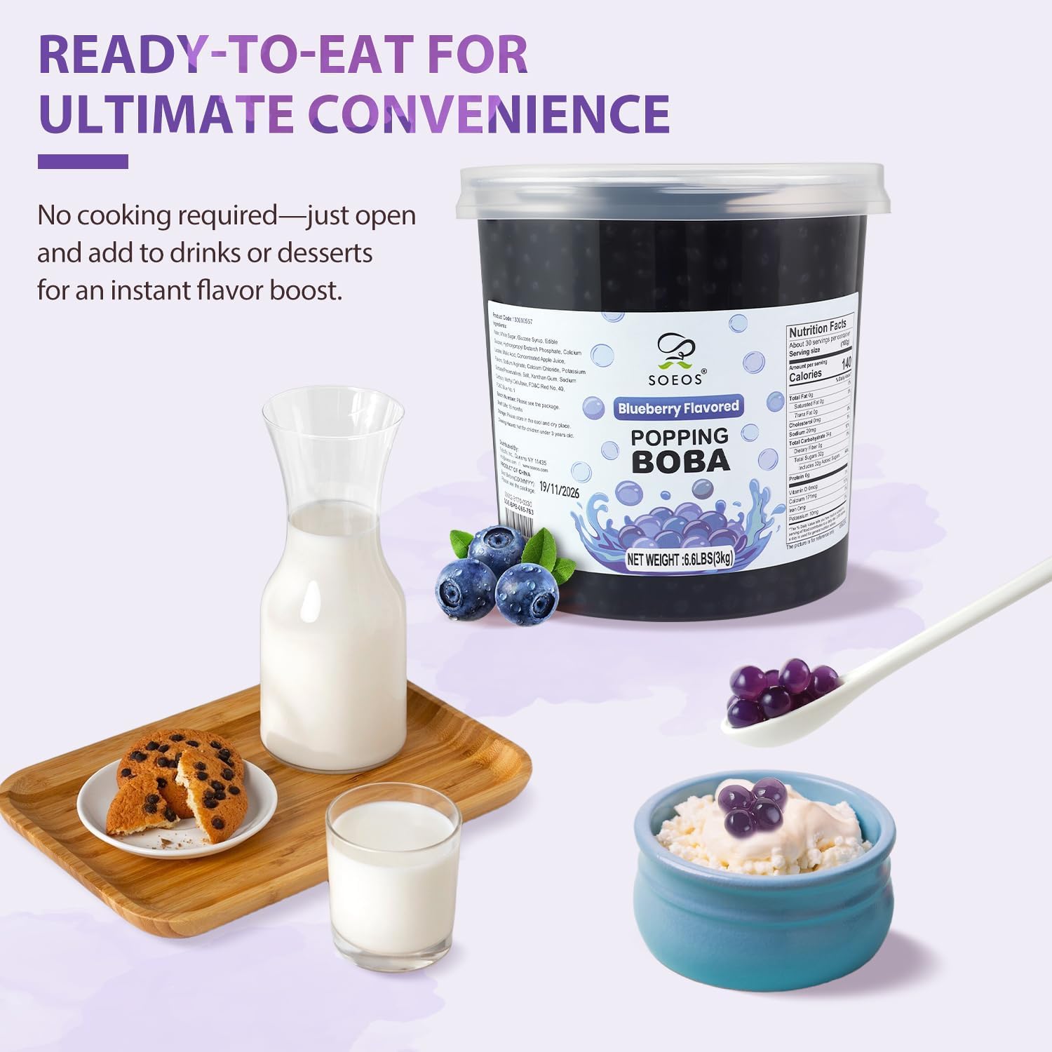 Soeos Blueberry Popping Boba ready to scoop and serve.