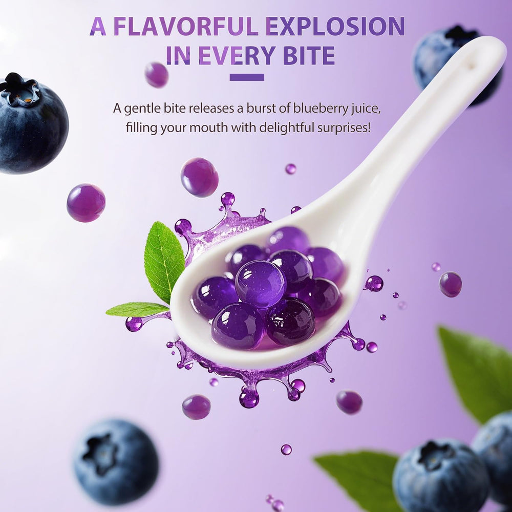 Soeos Blueberry Popping Boba swirled into a smoothie.