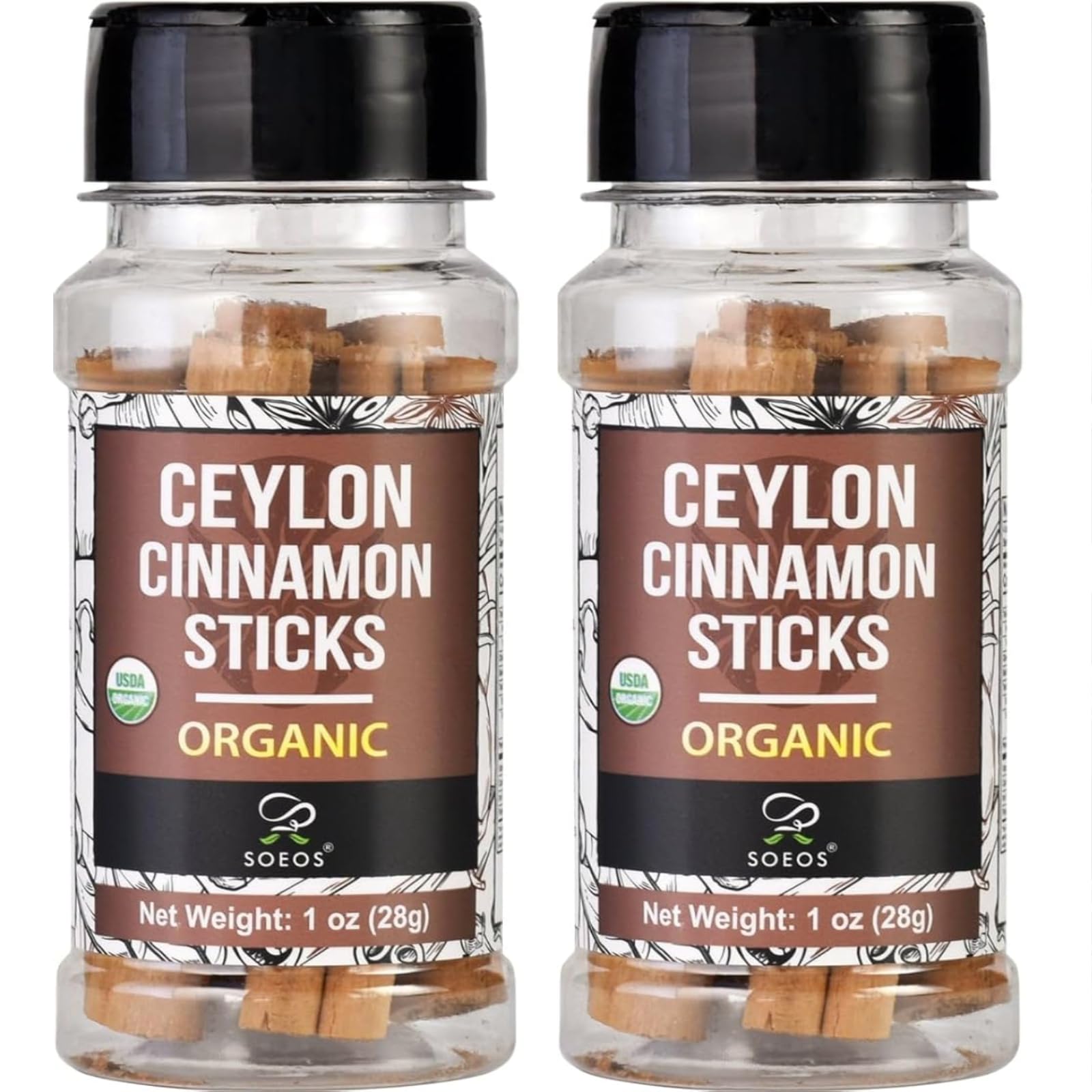 Soeos Ceylon cinnamon sticks 2-pack, perfect for flavoring coffee and beverages.