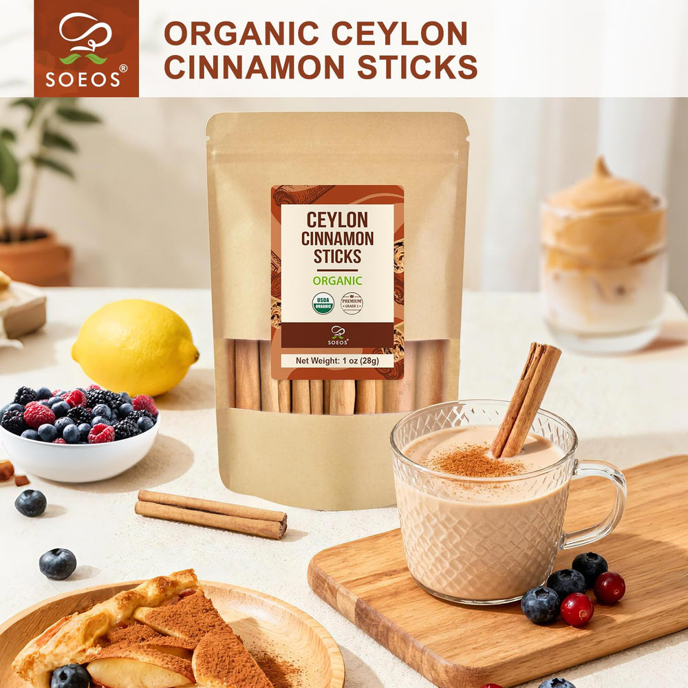 Non-GMO Soeos cinnamon sticks badge on packaging for quality.