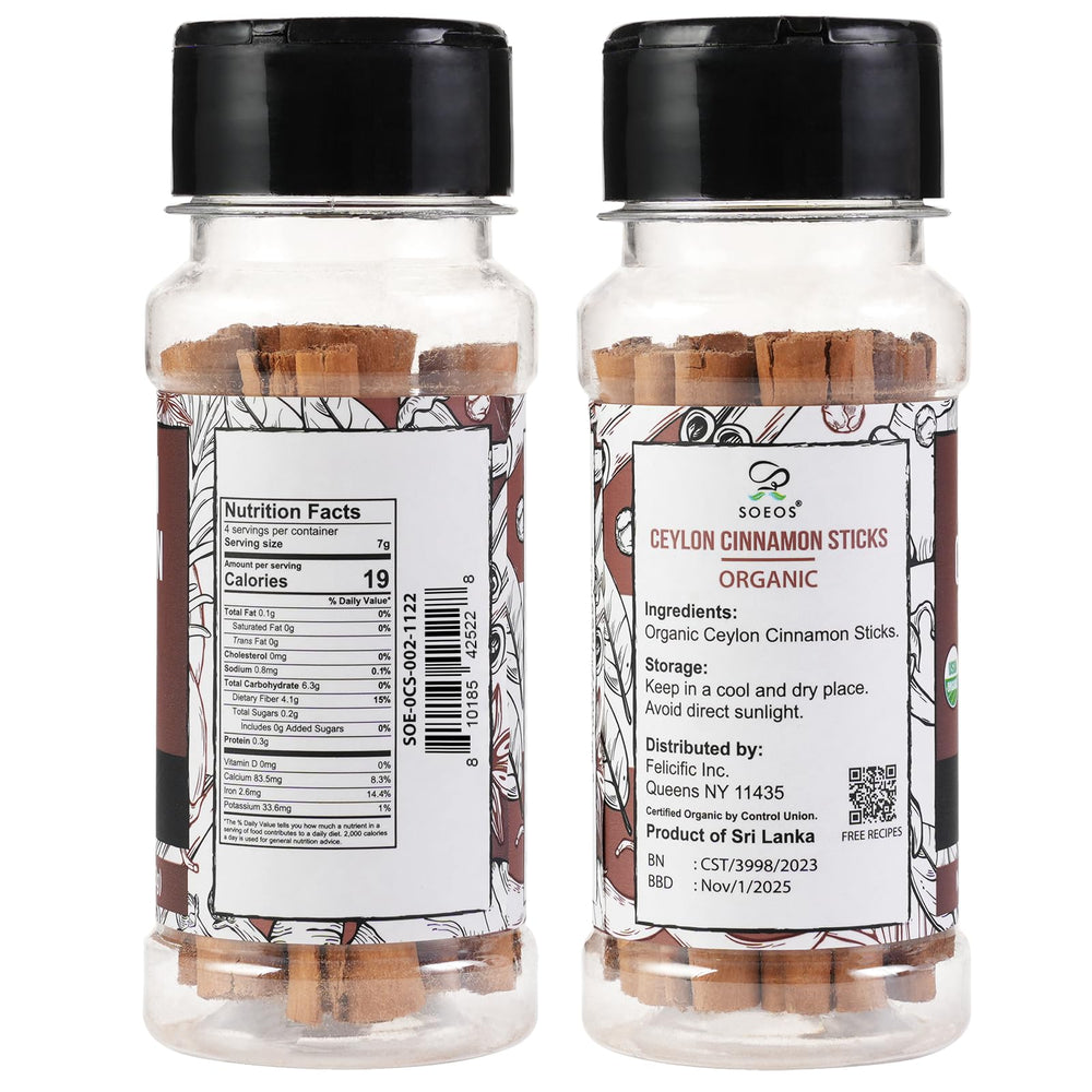 Soeos true cinnamon sticks from Sri Lanka, versatile for beverages.