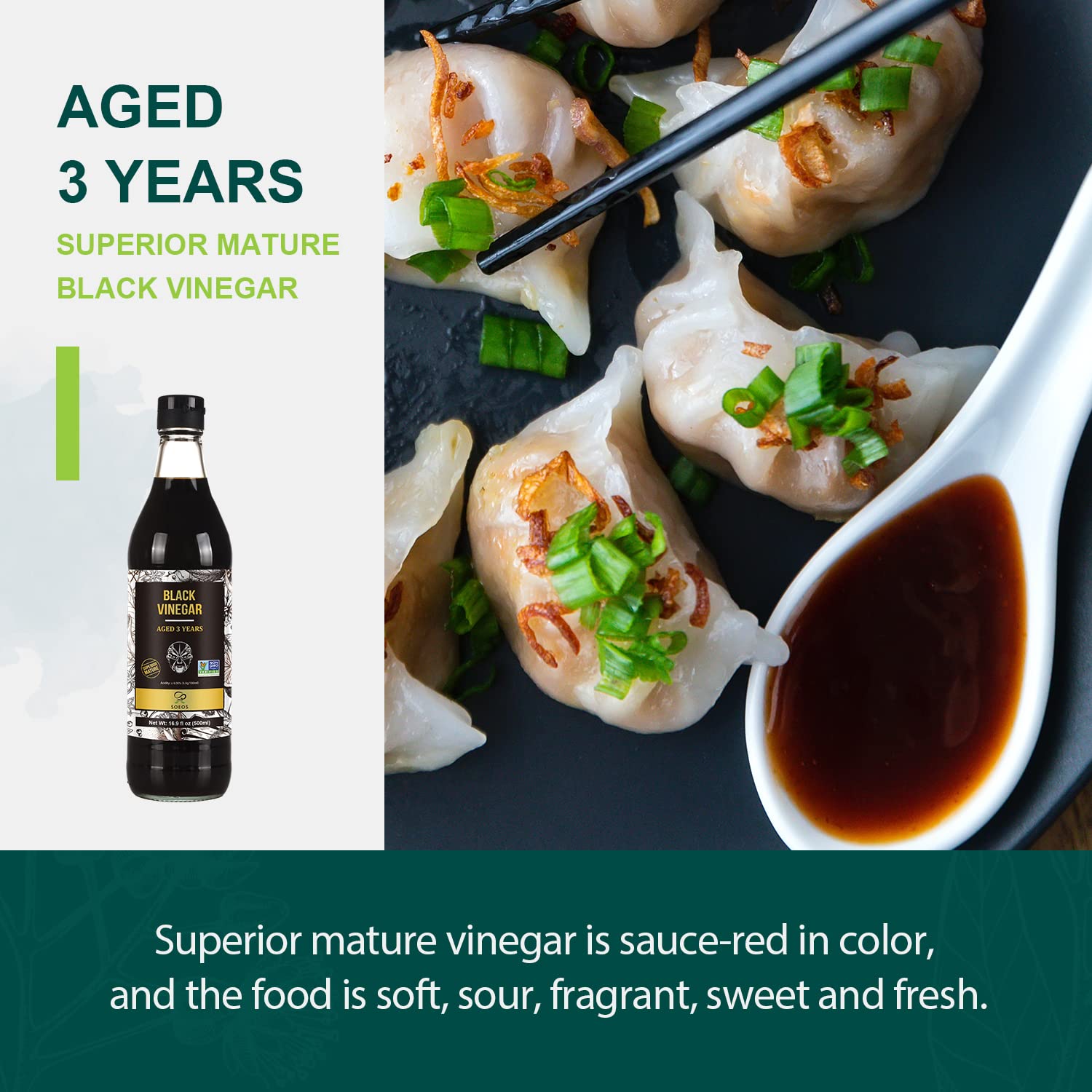 Soeos Chinkiang aging process reveals dark brown hue for authentic flavor.