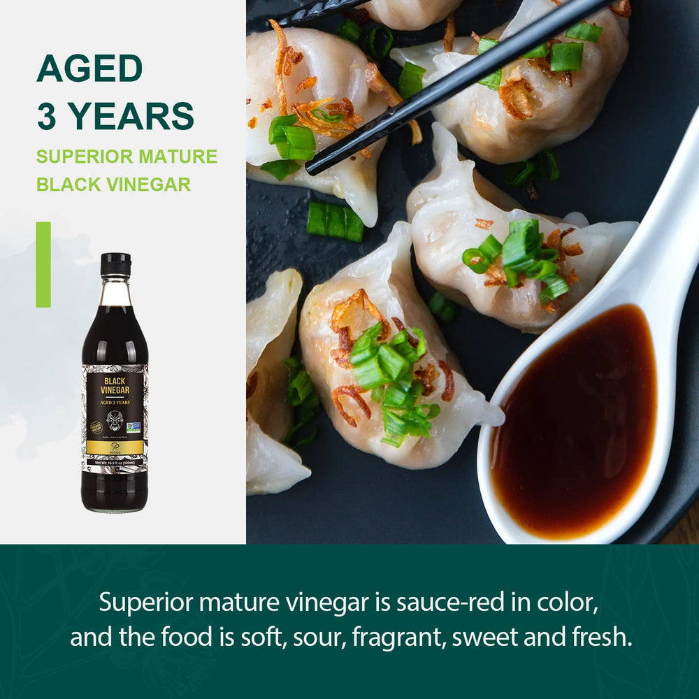 Soeos Chinkiang aging process reveals dark brown hue for authentic flavor.