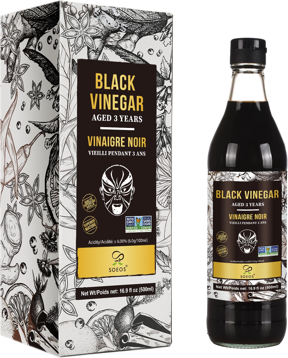 Soeos Chinkiang Vinegar bottle enhances marinades with a deep, rich color.