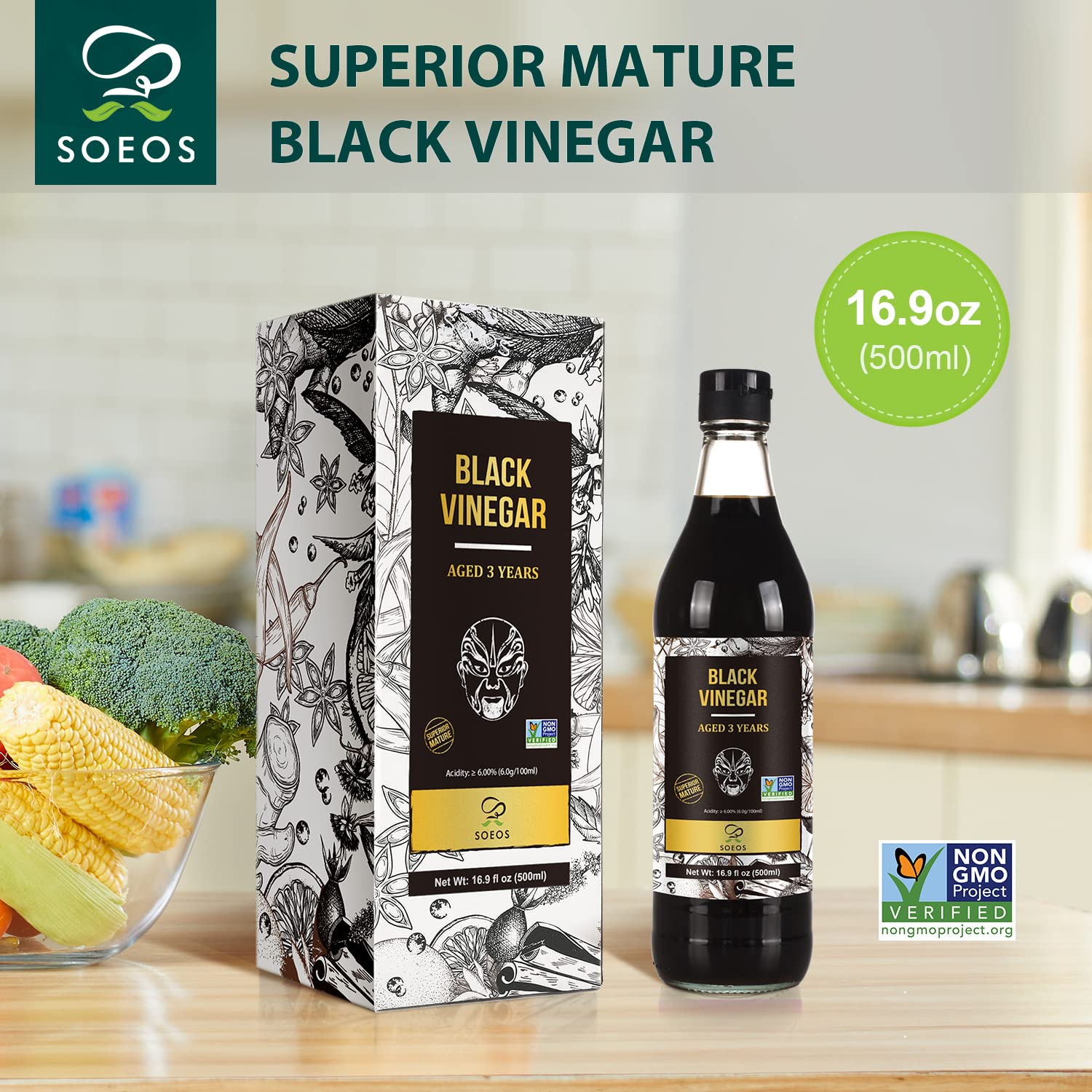 Soeos Chinkiang Vinegar label shows natural aging and no colorants.