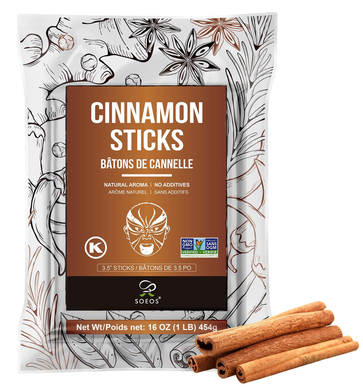 Soeos cinnamon sticks 16oz bag front view for easy pantry access.