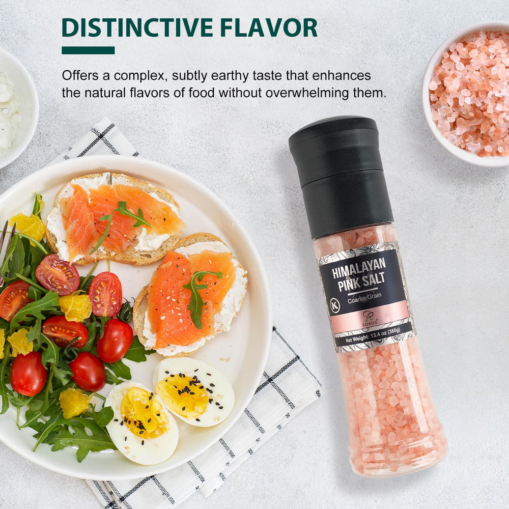 Soeos coarse pink salt finishing over a prepared dish