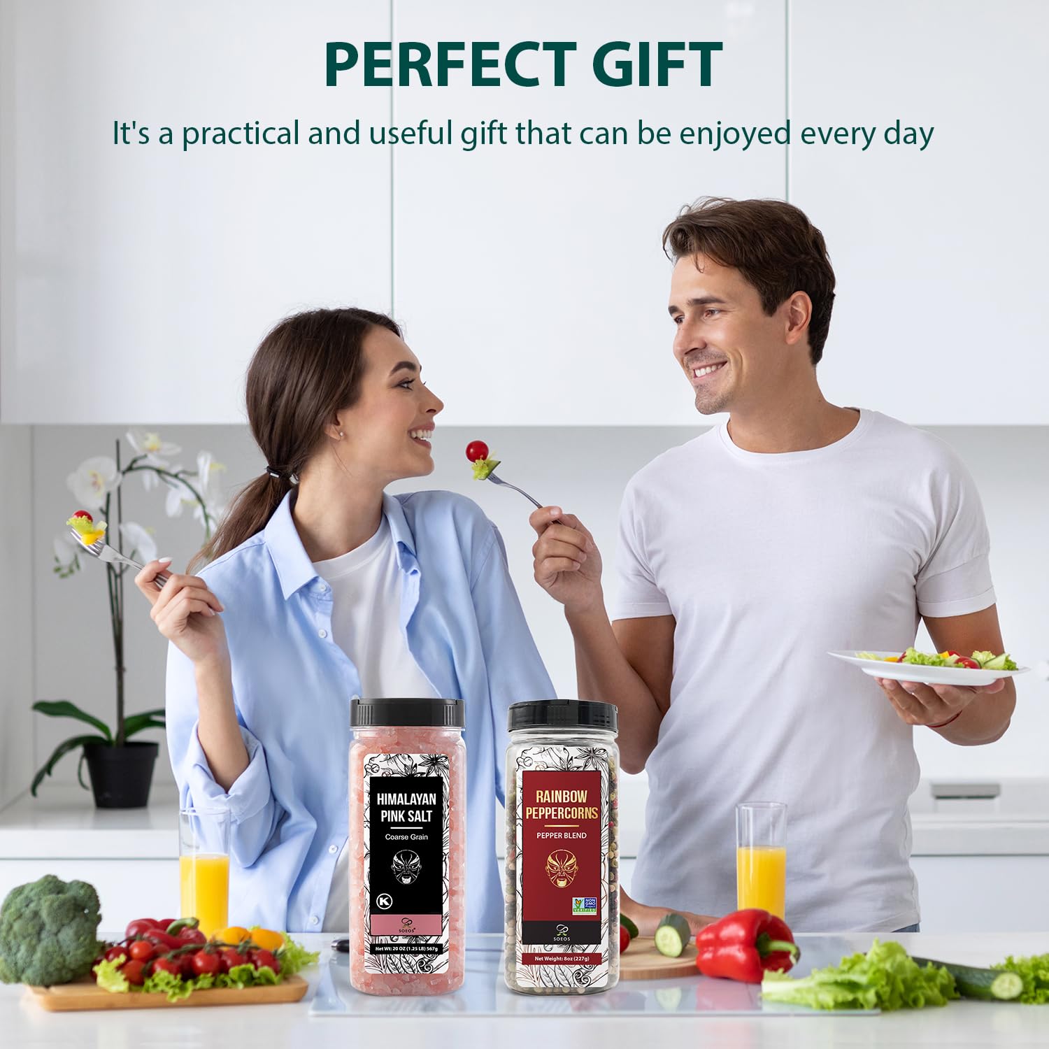 Soeos pink salt and rainbow peppercorns make a colorful spice rack feature.