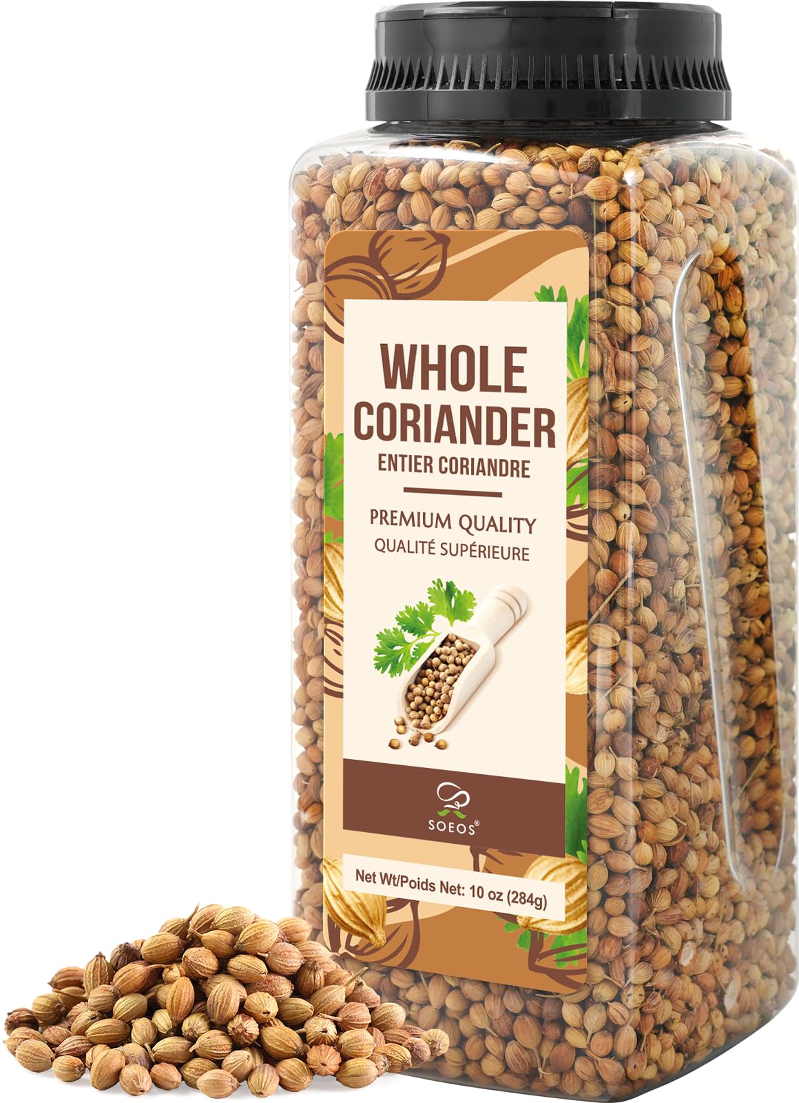 Soeos Coriander Seeds bottle showing premium whole seeds for fresh flavor.