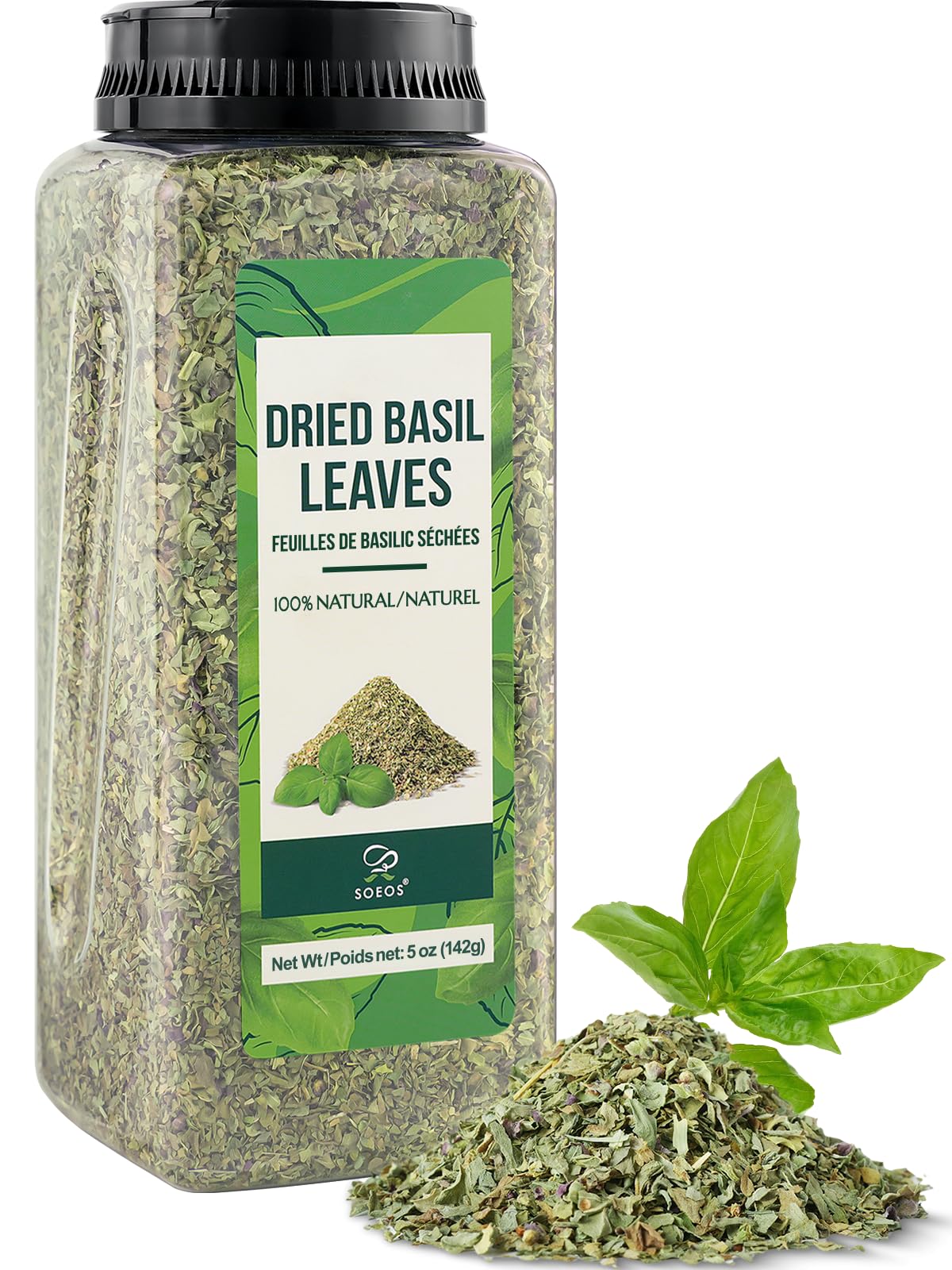 Soeos dried basil leaves 5oz jar add fresh aroma to pasta and sauces.