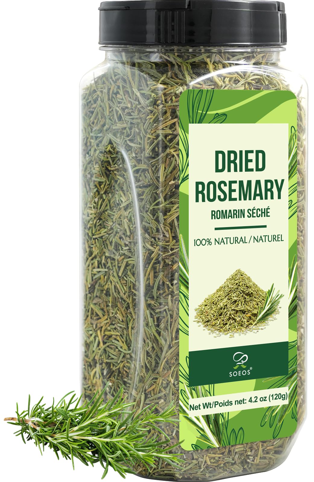 Soeos dried rosemary leaves in a jar for premium cooking aroma