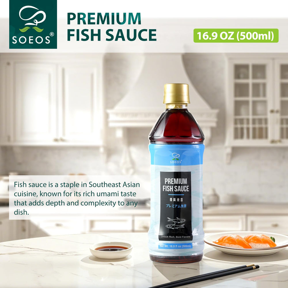Soeos Fish Sauce gourmet kitchen shot, versatile ingredient for many Southeast Asian-inspired dishes