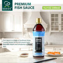 Soeos Fish Sauce label closeup, signaling natural fermentation and premium quality