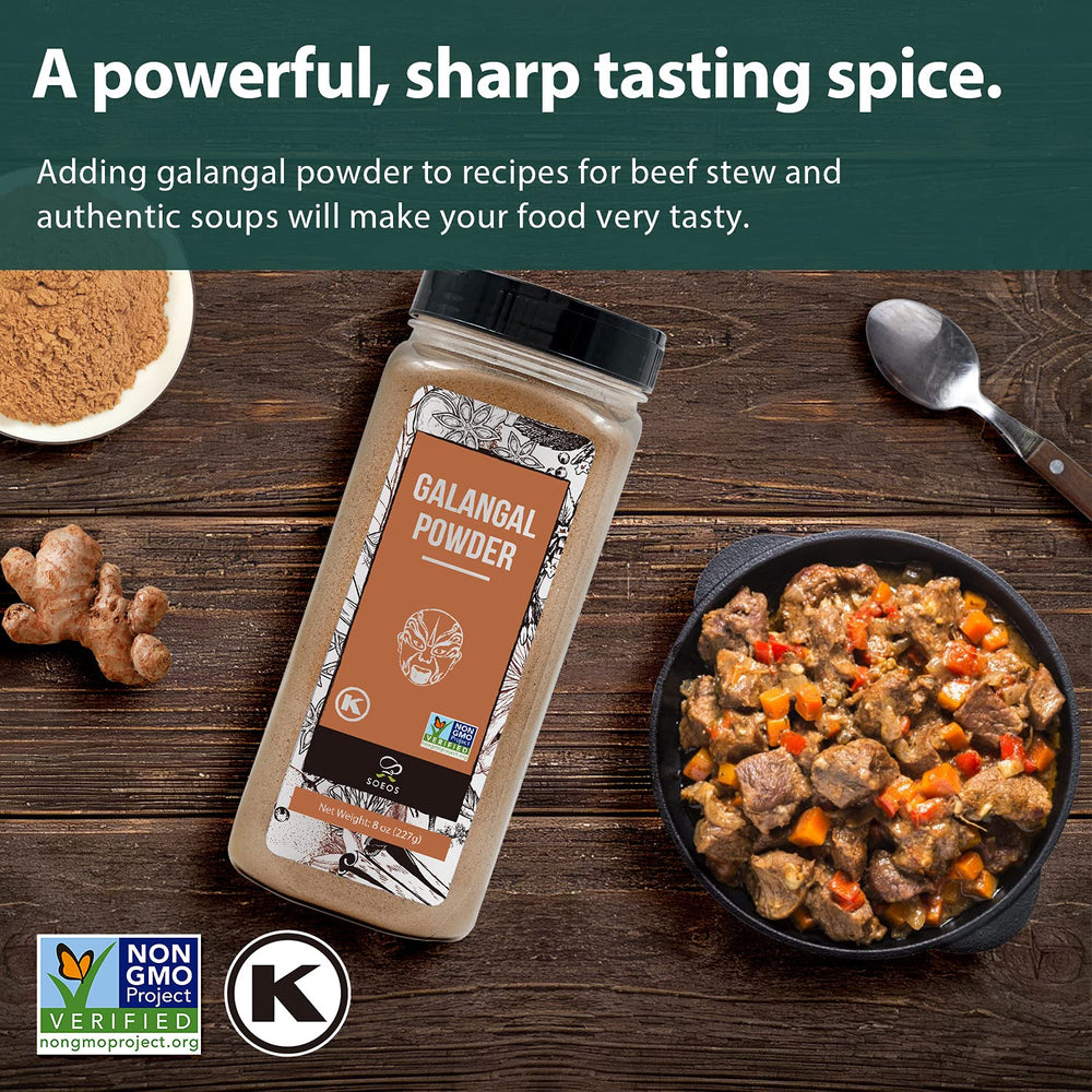 Soeos Galangal Powder ingredients display hints of peppery-earthy notes