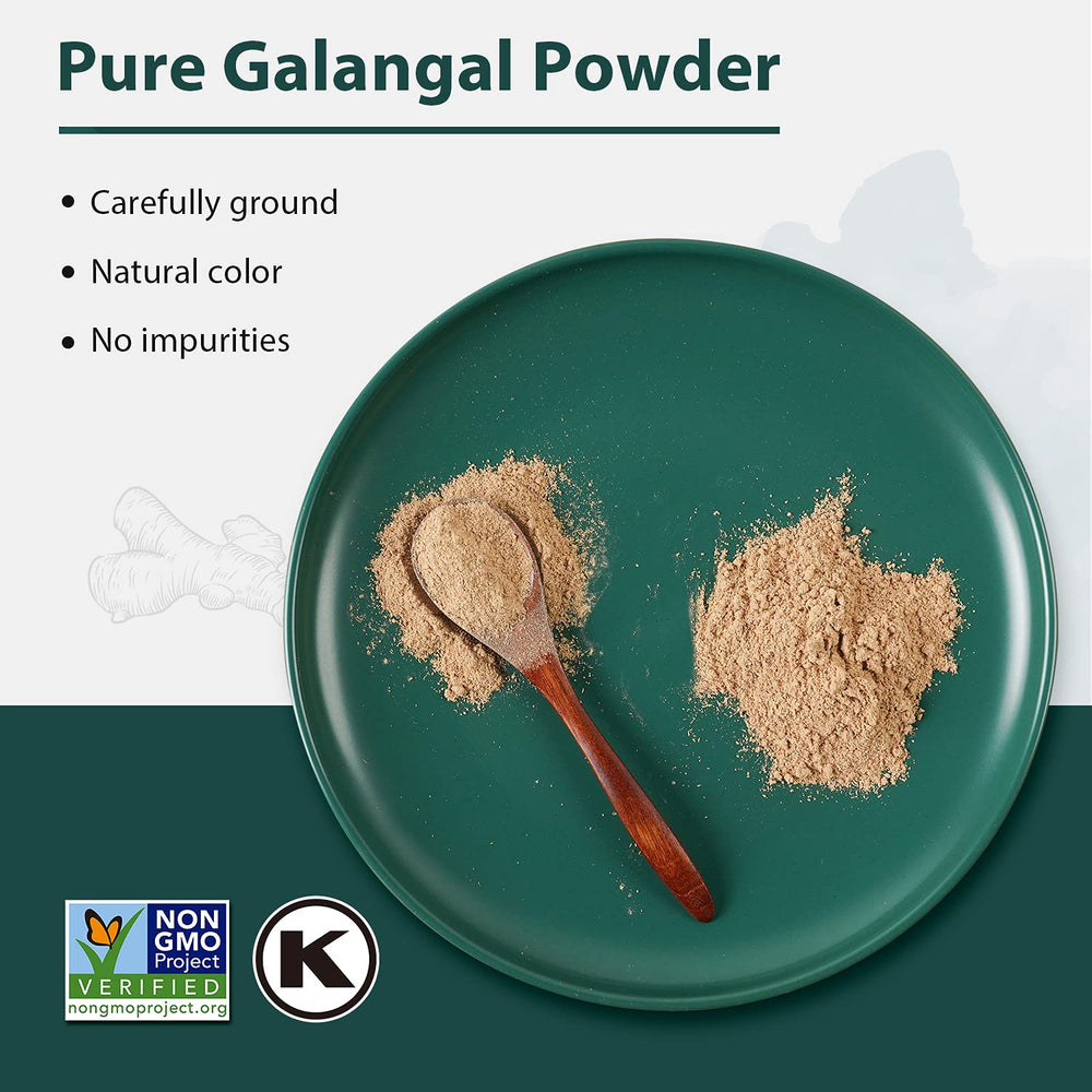 Soeos Galangal Powder jar label shows non-GMO and Kosher credentials