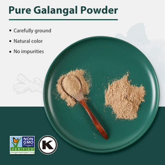 Soeos Galangal Powder jar label shows non-GMO and Kosher credentials