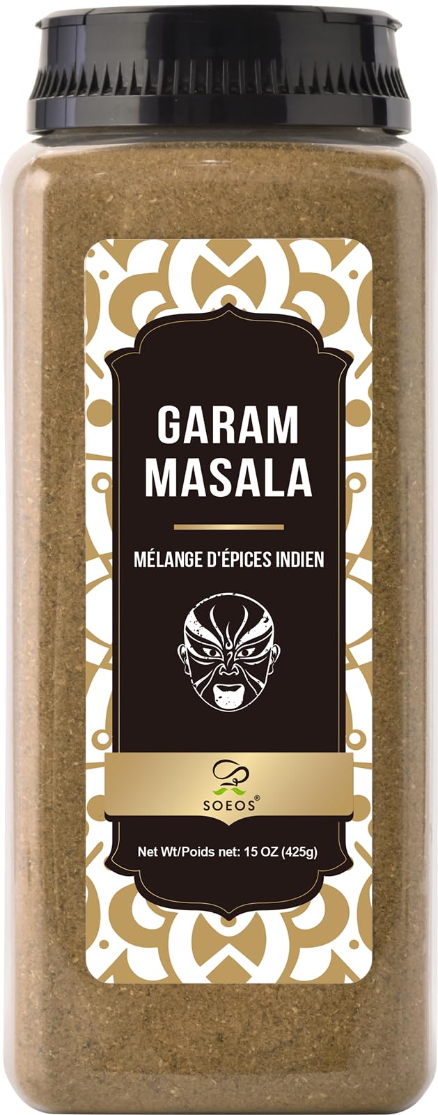 Soeos Garam Masala bottle close-up showing warm spice aroma for curries.