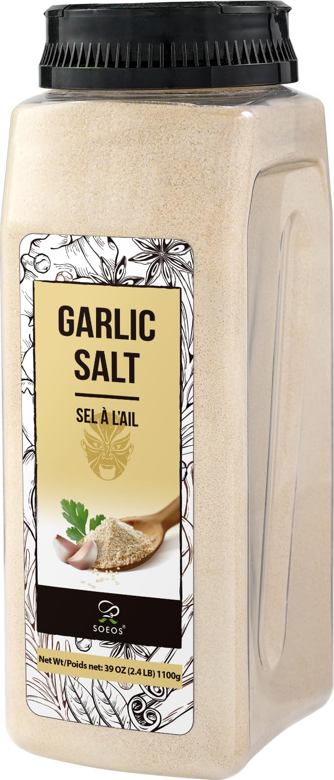 Soeos Garlic Salt pours from a shaker for quick, convenient seasoning.