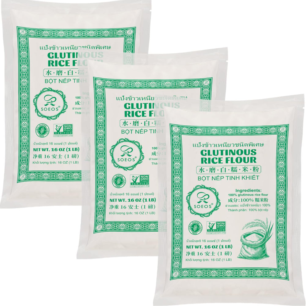 Soeos glutinous rice flour package, 48 oz, ideal for versatile baking