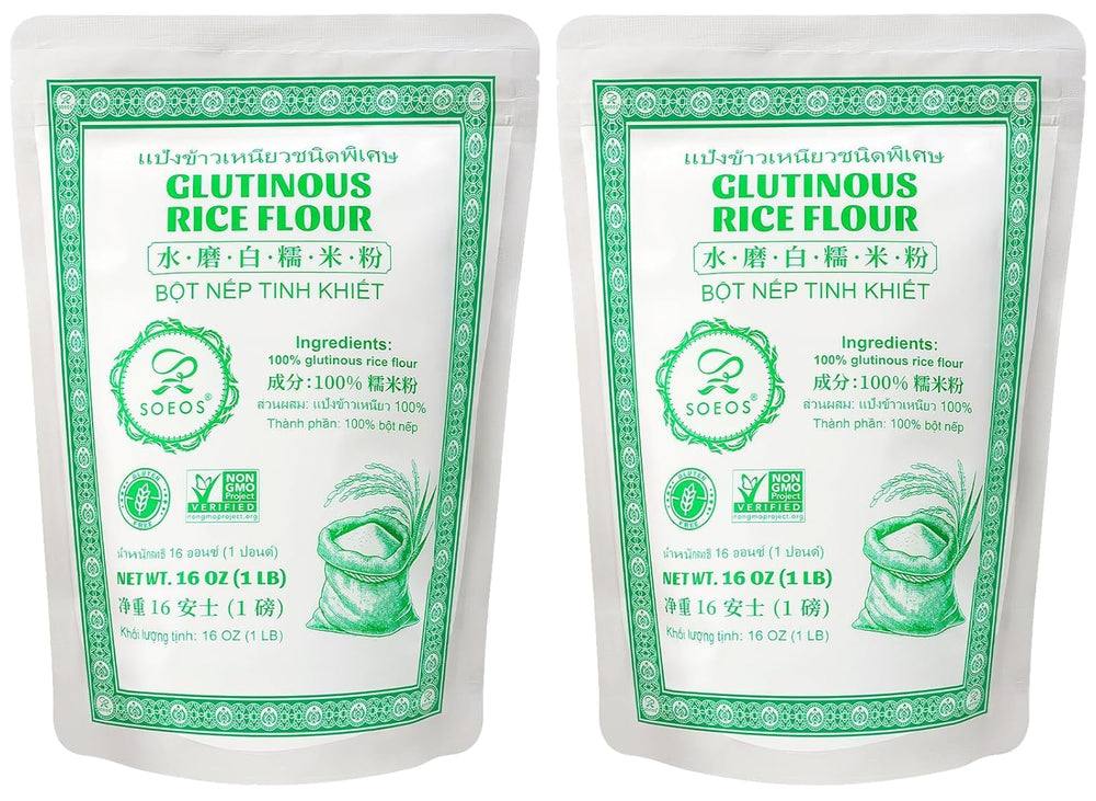 Soeos glutinous rice flour packaging on shelf, ideal pantry staple for Asian recipes.