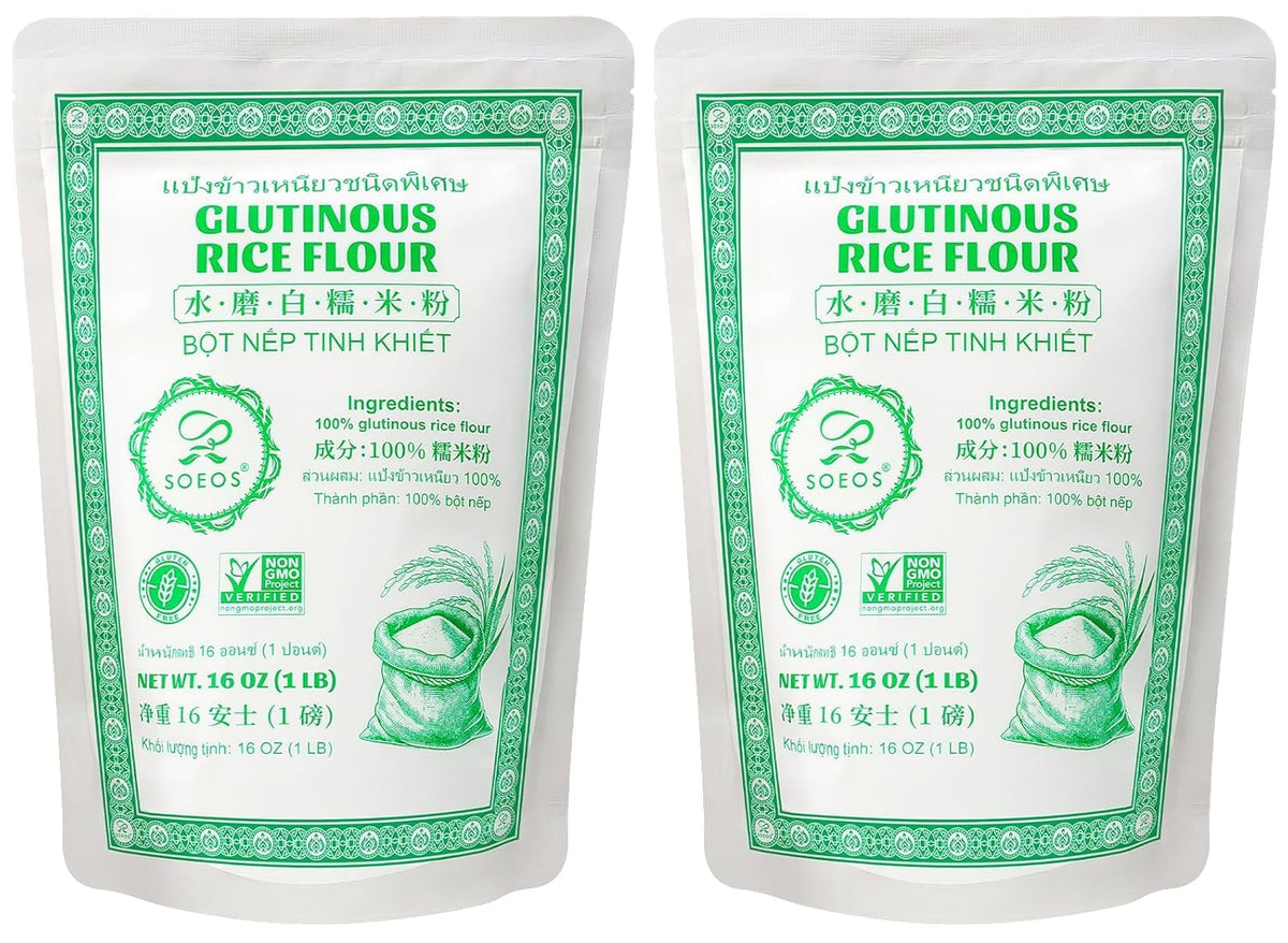 Soeos glutinous rice flour packaging on shelf, ideal pantry staple for Asian recipes.