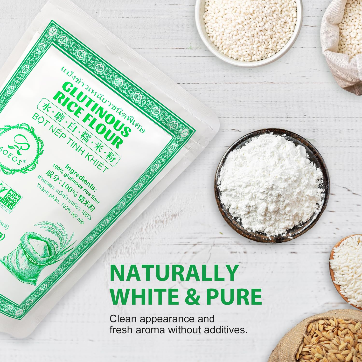 Soeos flour thickens soups and gravies to a silky, lump-free finish.