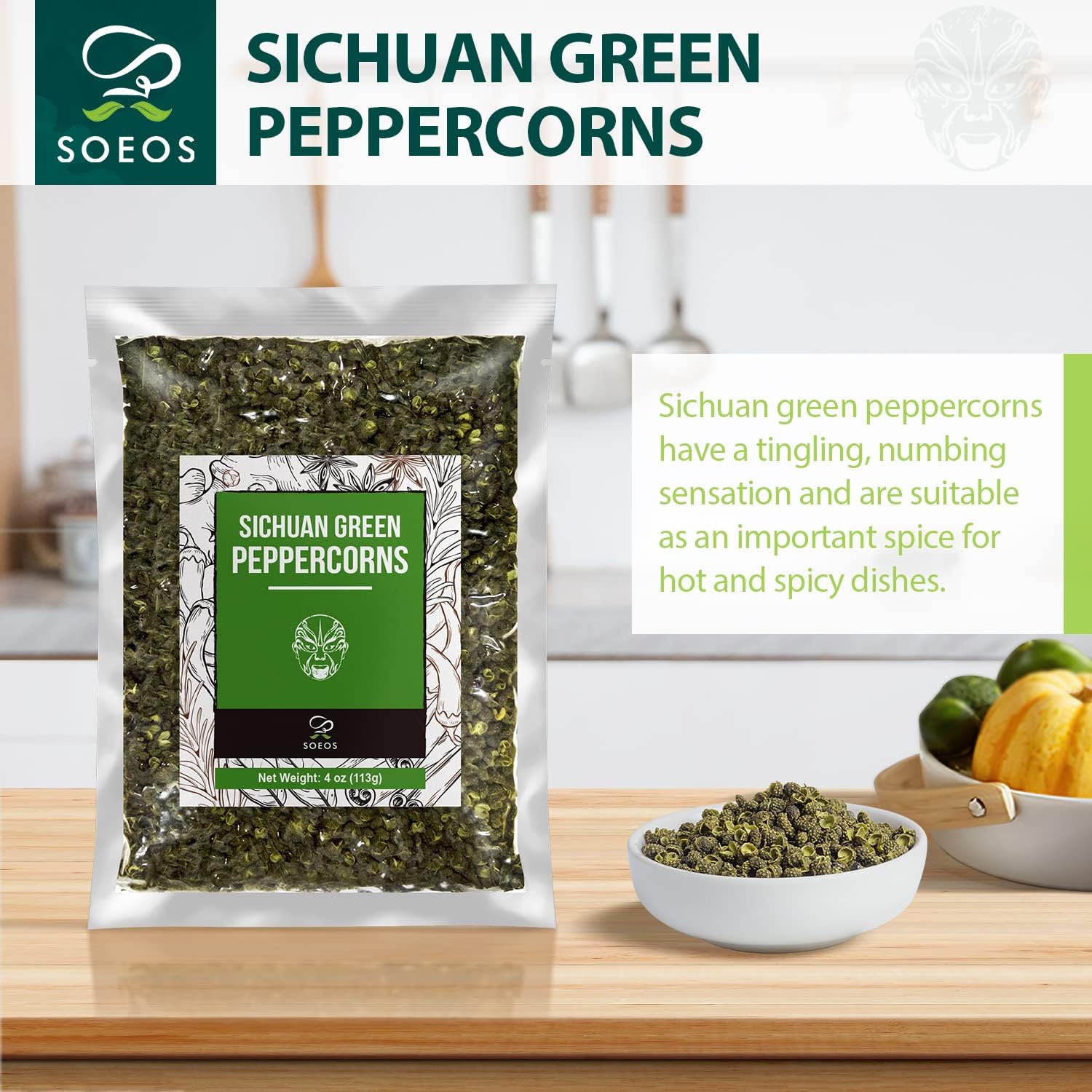 Soeos green peppercorns dried seeds on shelf indicate freshness and storage care.