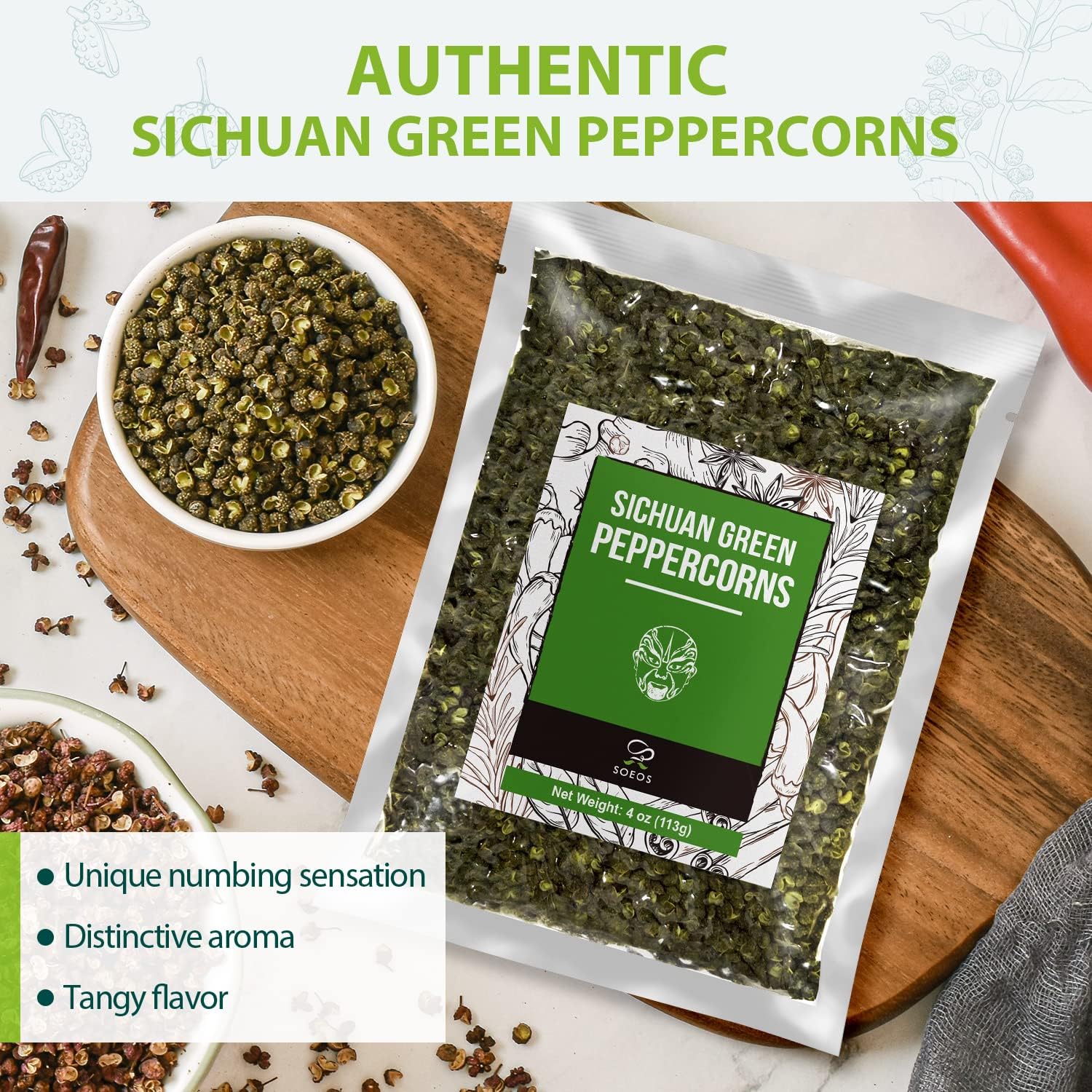 Soeos green peppercorns mapo tofu dish adds bright aroma and subtle heat.