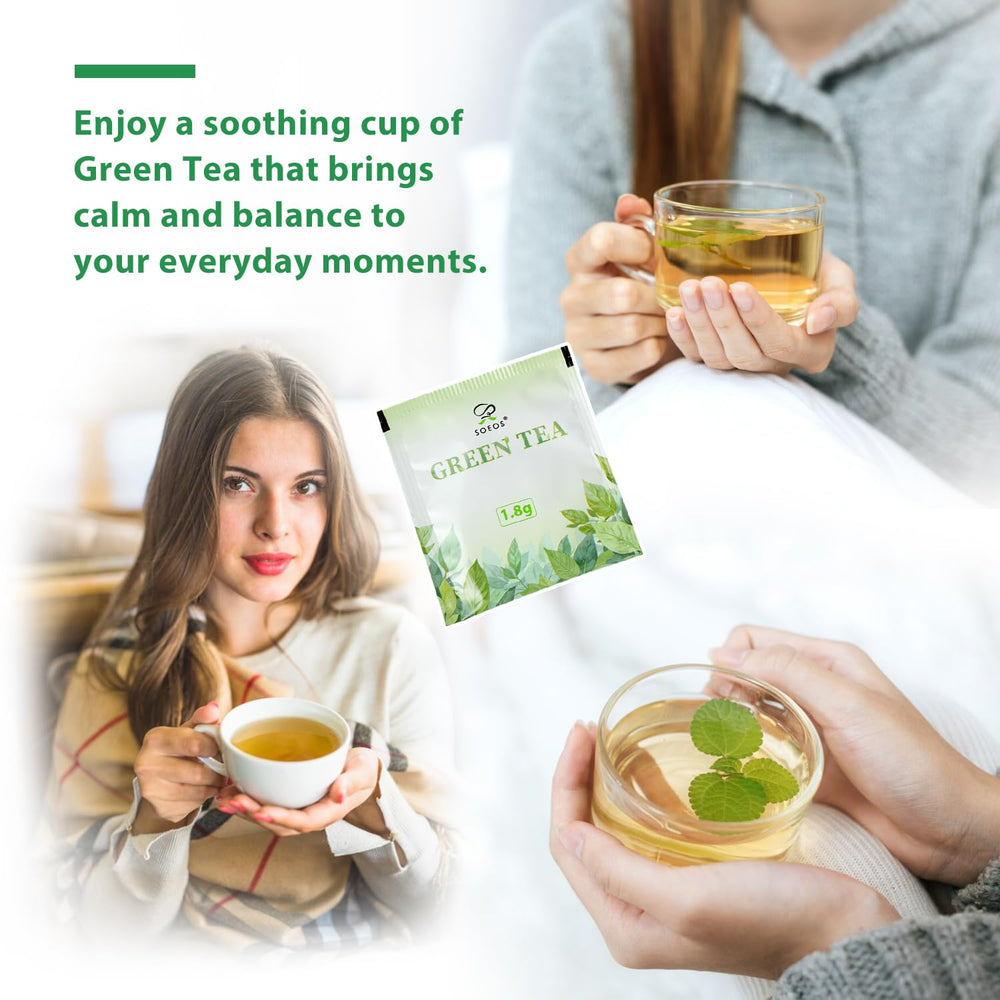 Soeos Green Tea brewed amber liquid in a glass.