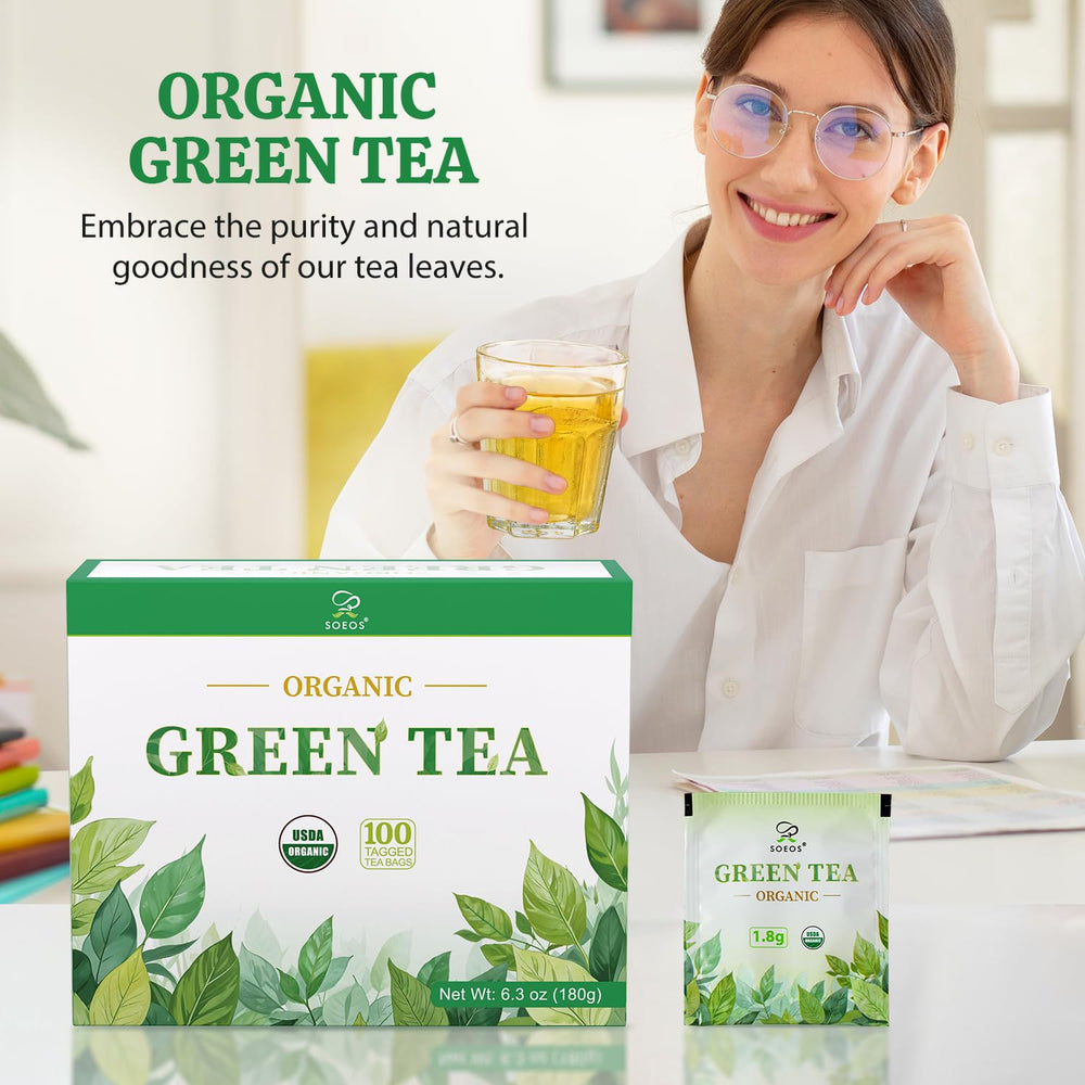 Soeos Green Tea cup steaming, offering a light caffeine lift for focused moments.