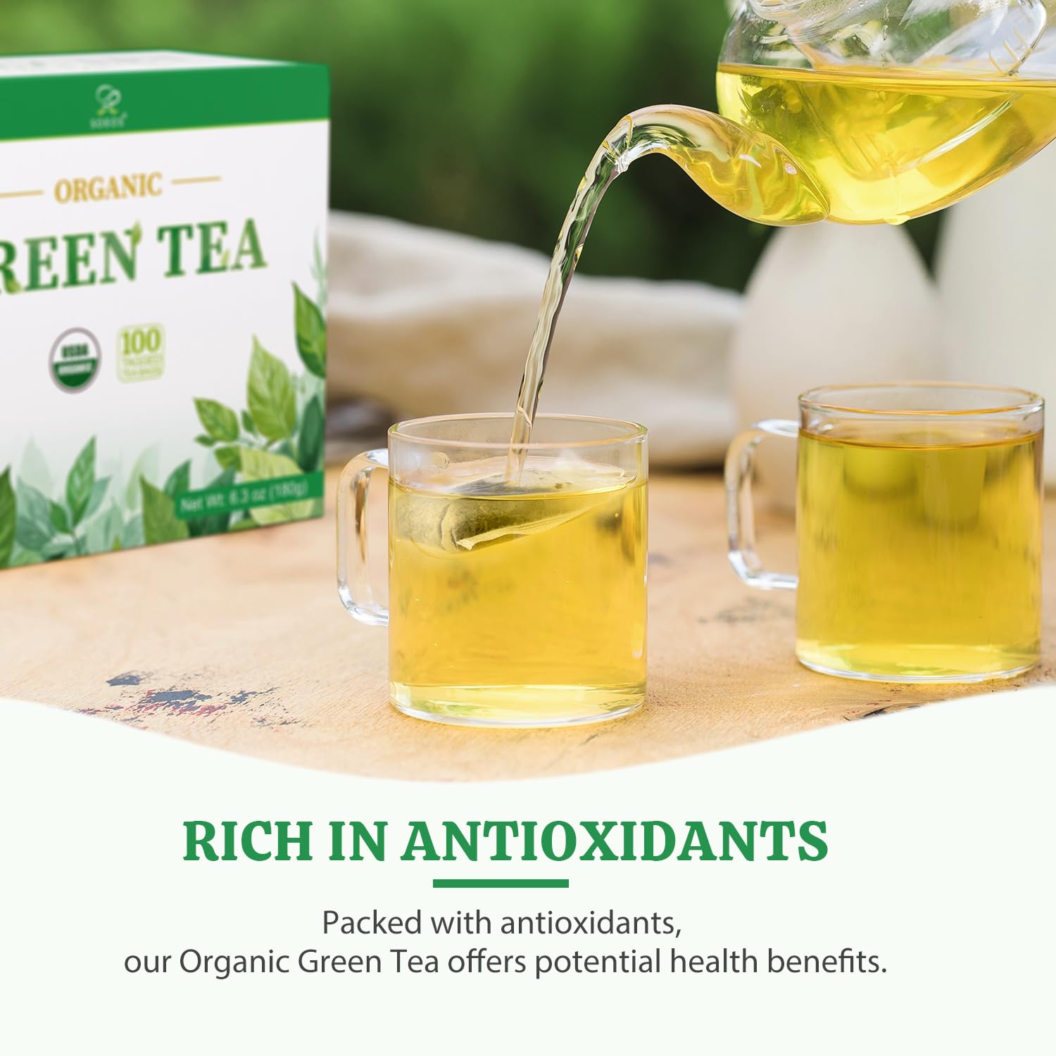 Soeos Green Tea with lower caffeine, a gentler energy boost option.