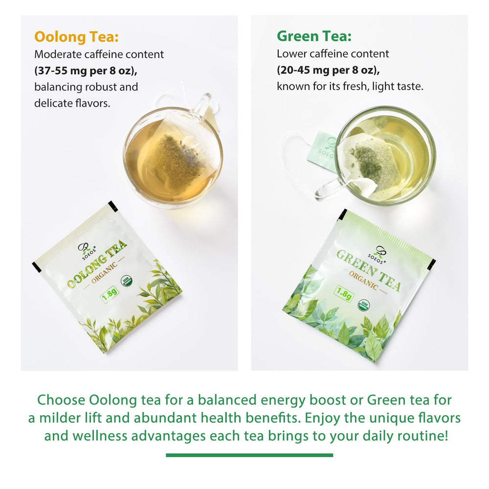 Soeos Green Tea on the go, convenient for travel and work breaks.