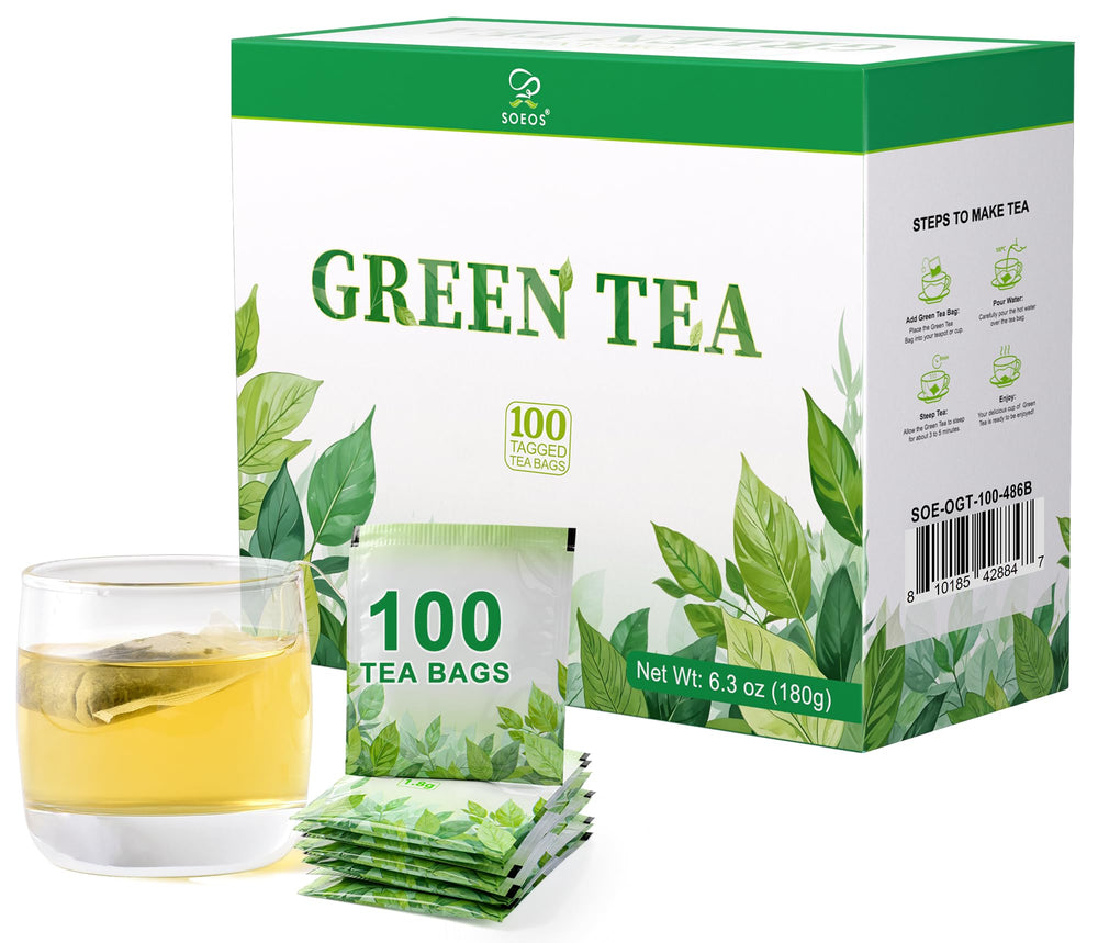 Soeos Green Tea packaging shows the 100 tea bags for convenient brewing.