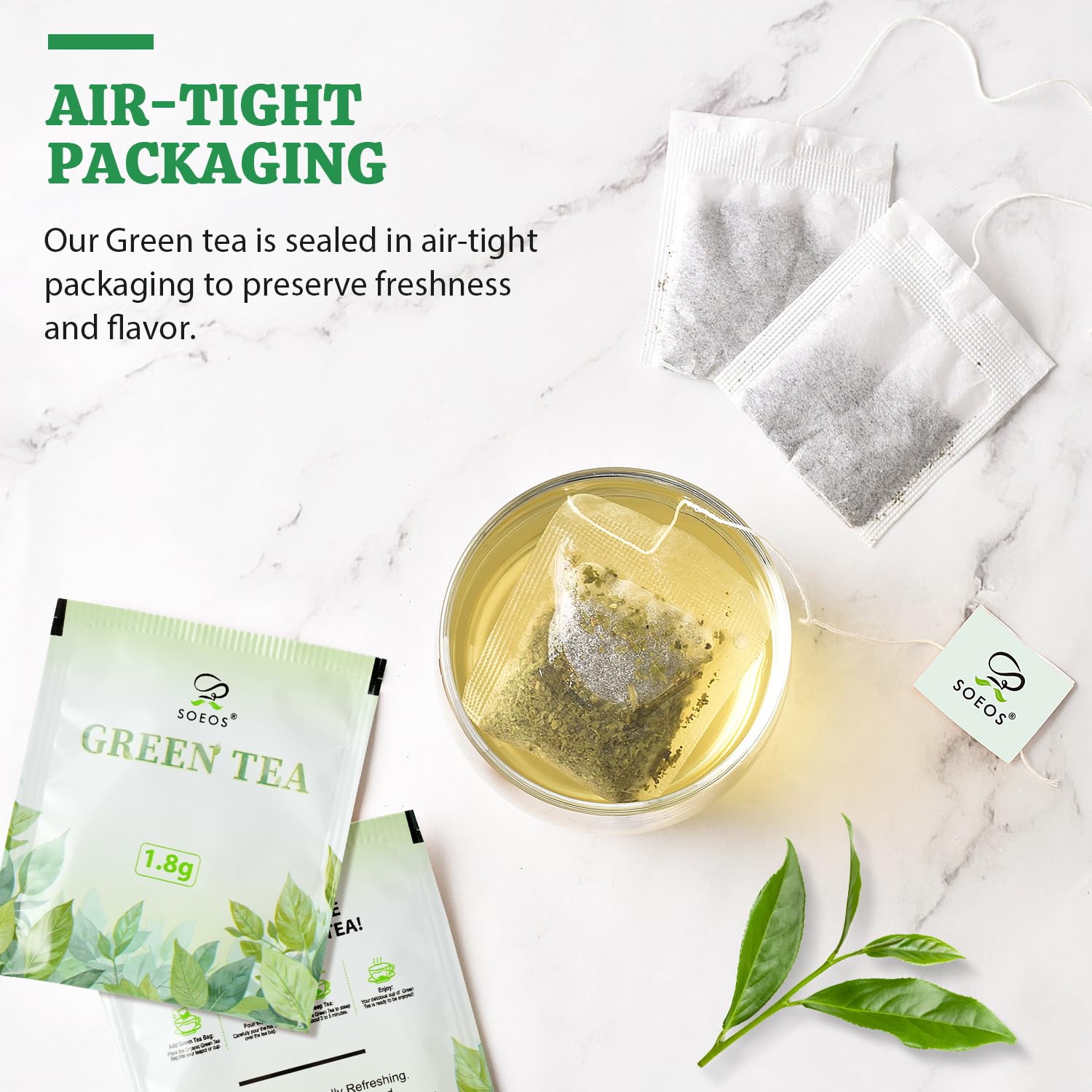 Soeos Green Tea sustainability badge emphasizes responsible sourcing.