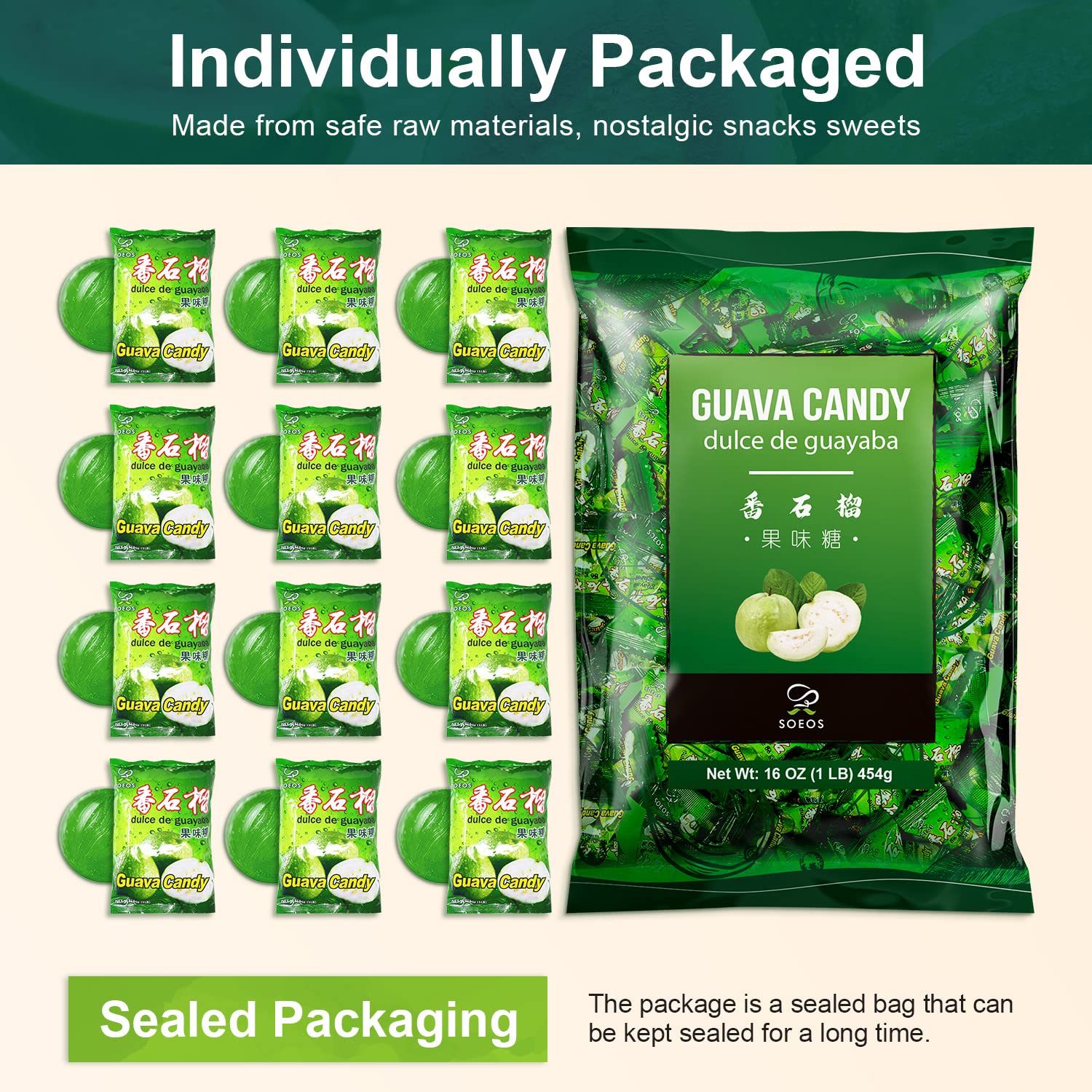 Soeos Guava Candy jar on shelf for convenient snack access.