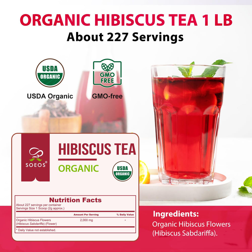 Soeos Hibiscus Tea hot infusion scene showcasing vibrant aroma and bright color.