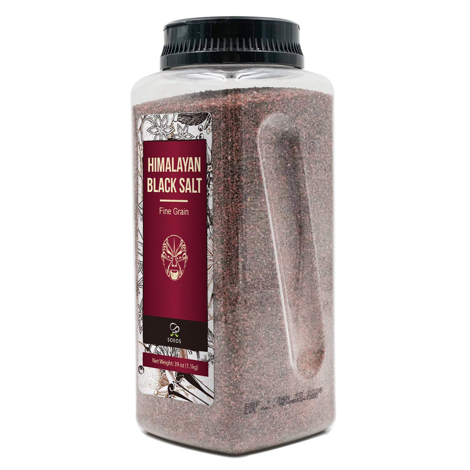 Soeos Himalayan Black Salt jar closeup showing texture and color for flavor hints.