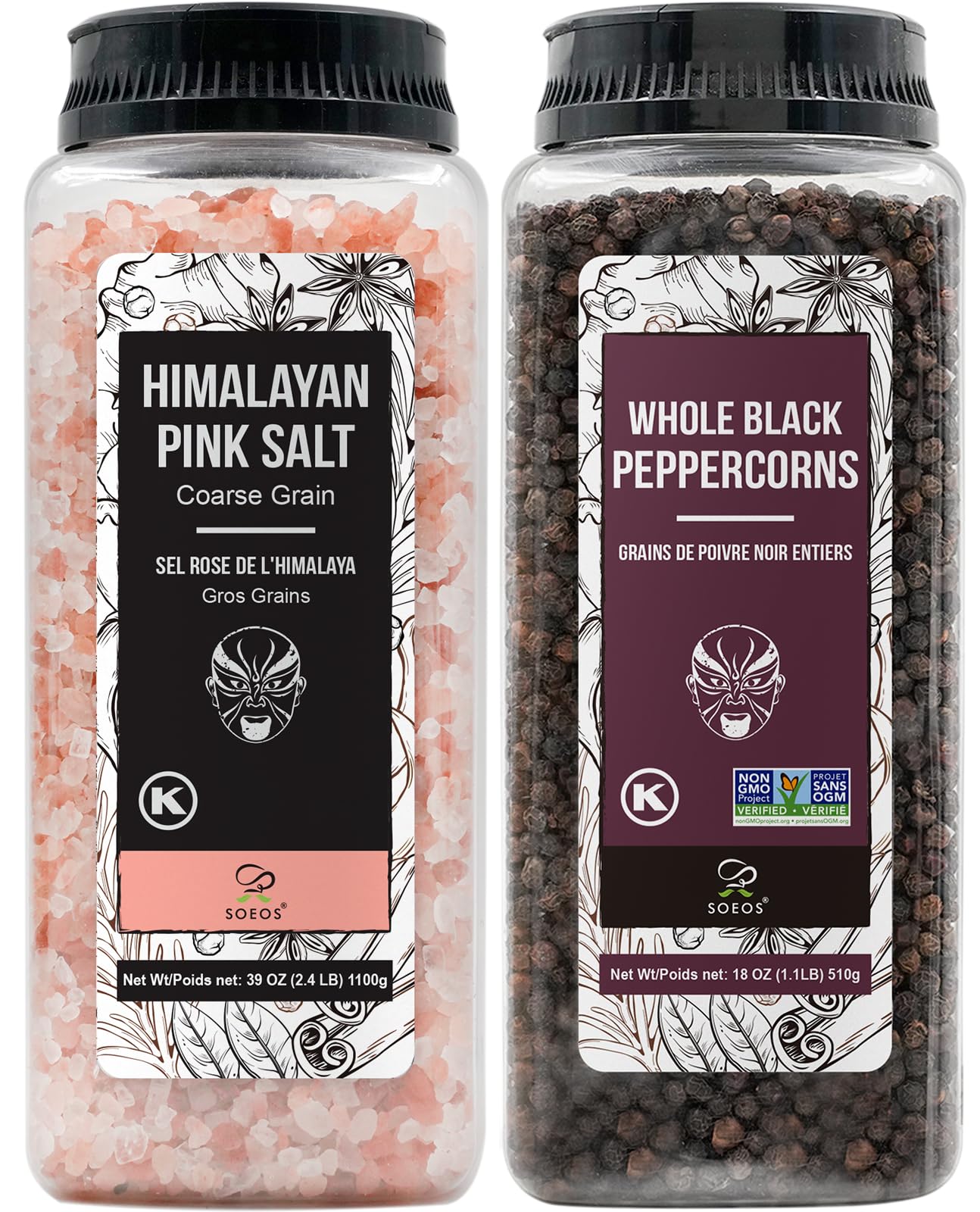 Soeos Himalayan Pink Salt 39 oz bottle showing coarse crystals for grinder use.