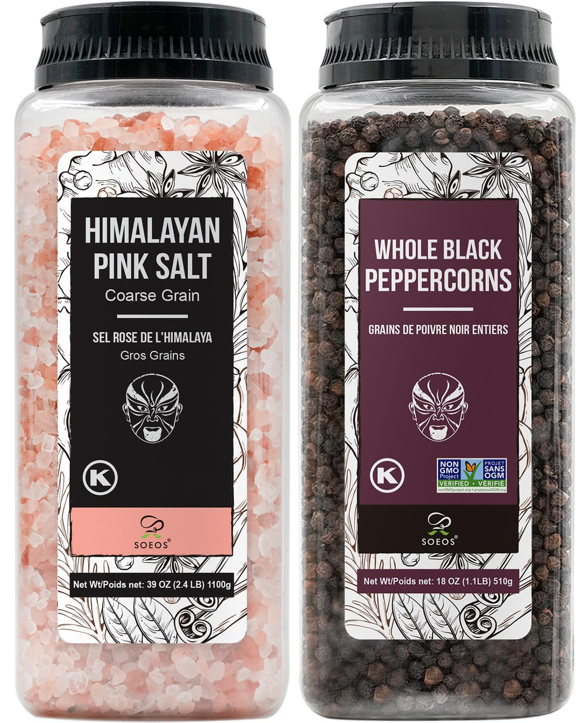 Soeos Himalayan Pink Salt 39 oz bottle showing coarse crystals for grinder use.
