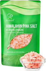 Soeos Himalayan Pink Salt coarse 32oz pouch showing natural pink crystals for cooking