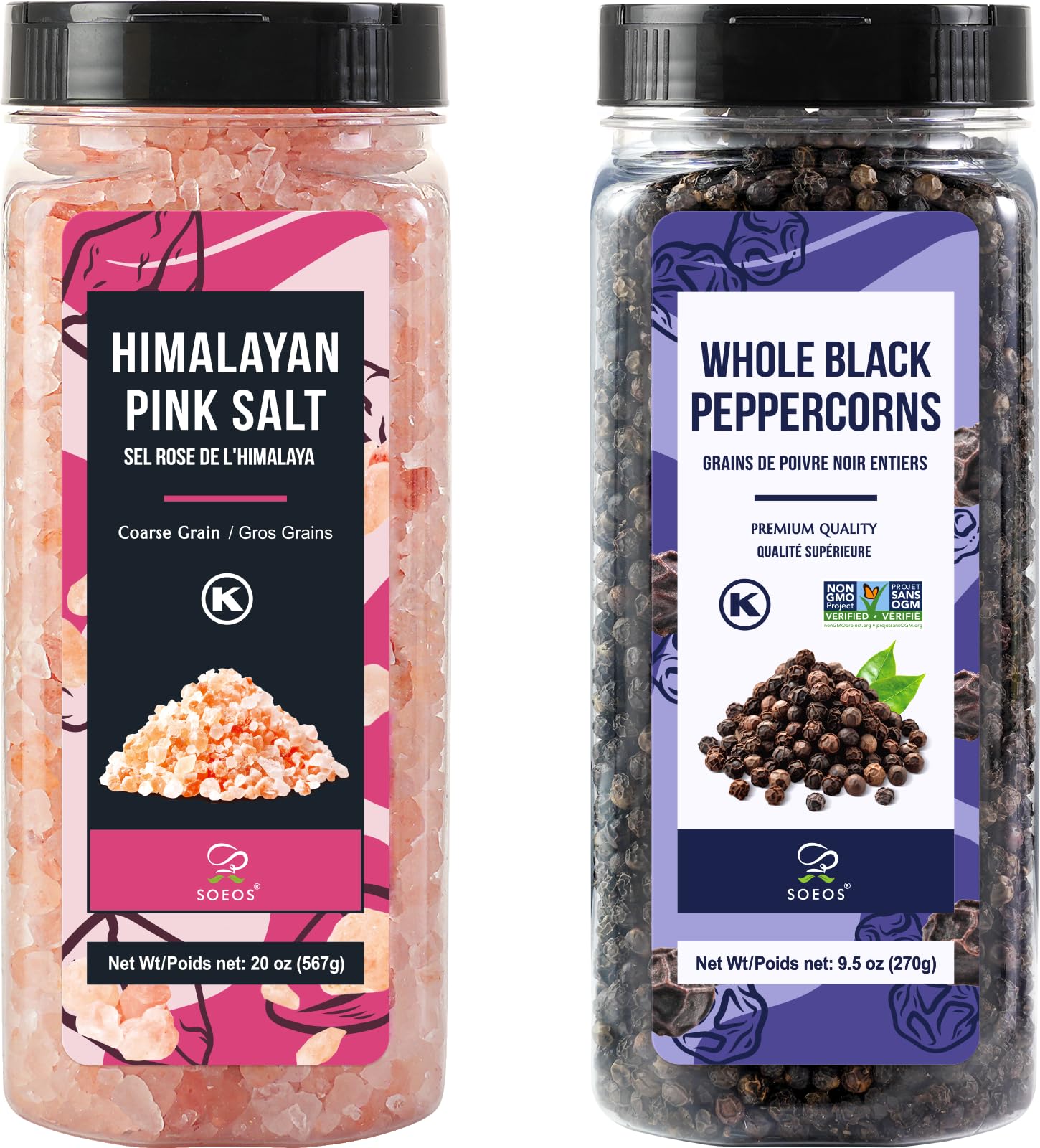 Soeos Himalayan pink salt coarse bottle ready for precise seasoning and grinder refills.