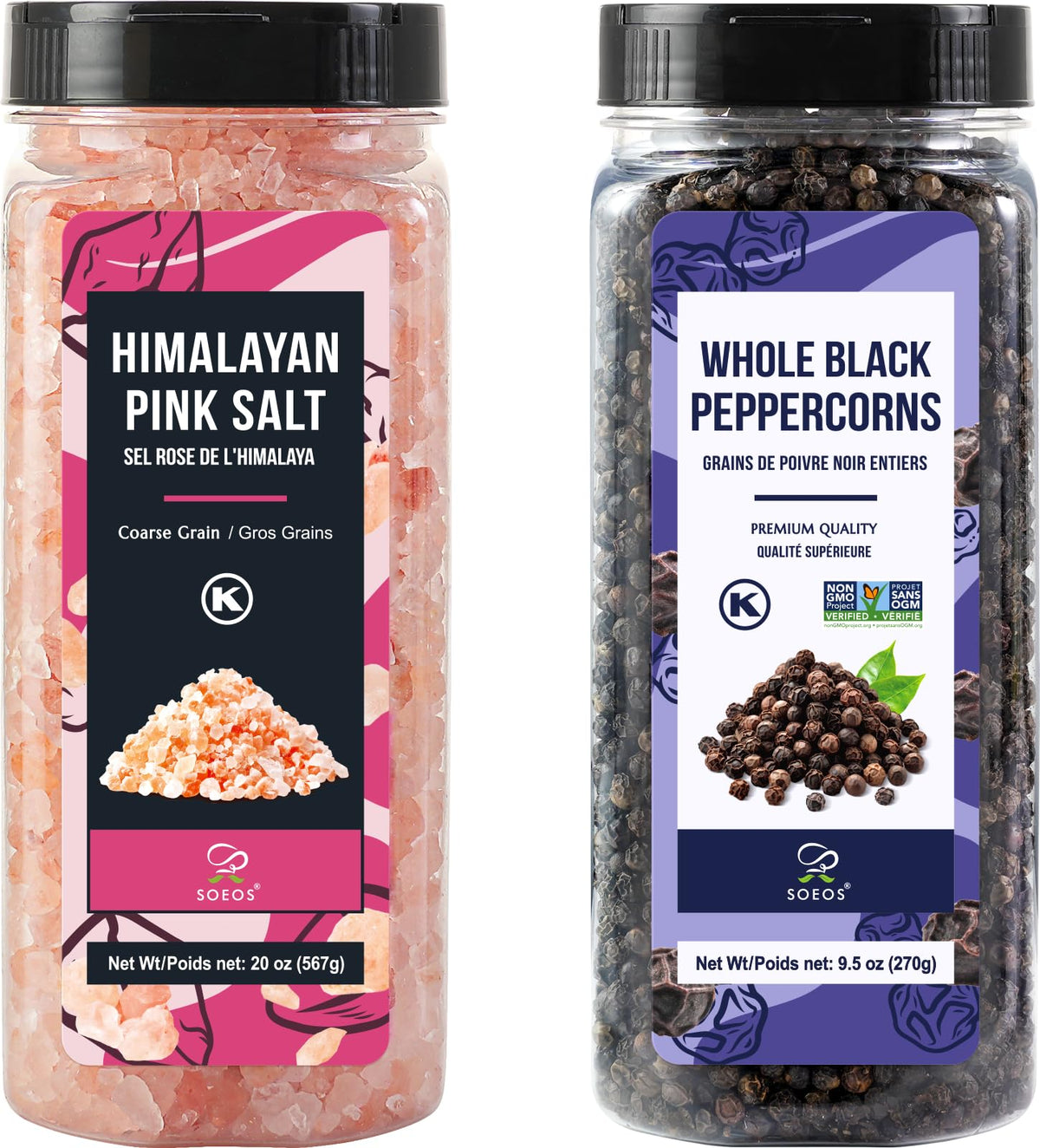 Soeos Himalayan pink salt coarse bottle ready for precise seasoning and grinder refills.