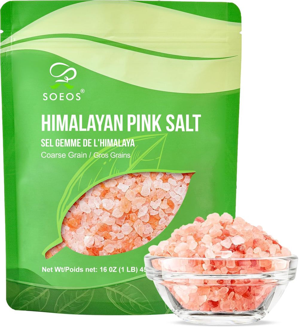 Soeos Himalayan Pink Salt coarse crystals for rich flavor enhancement in cooking.
