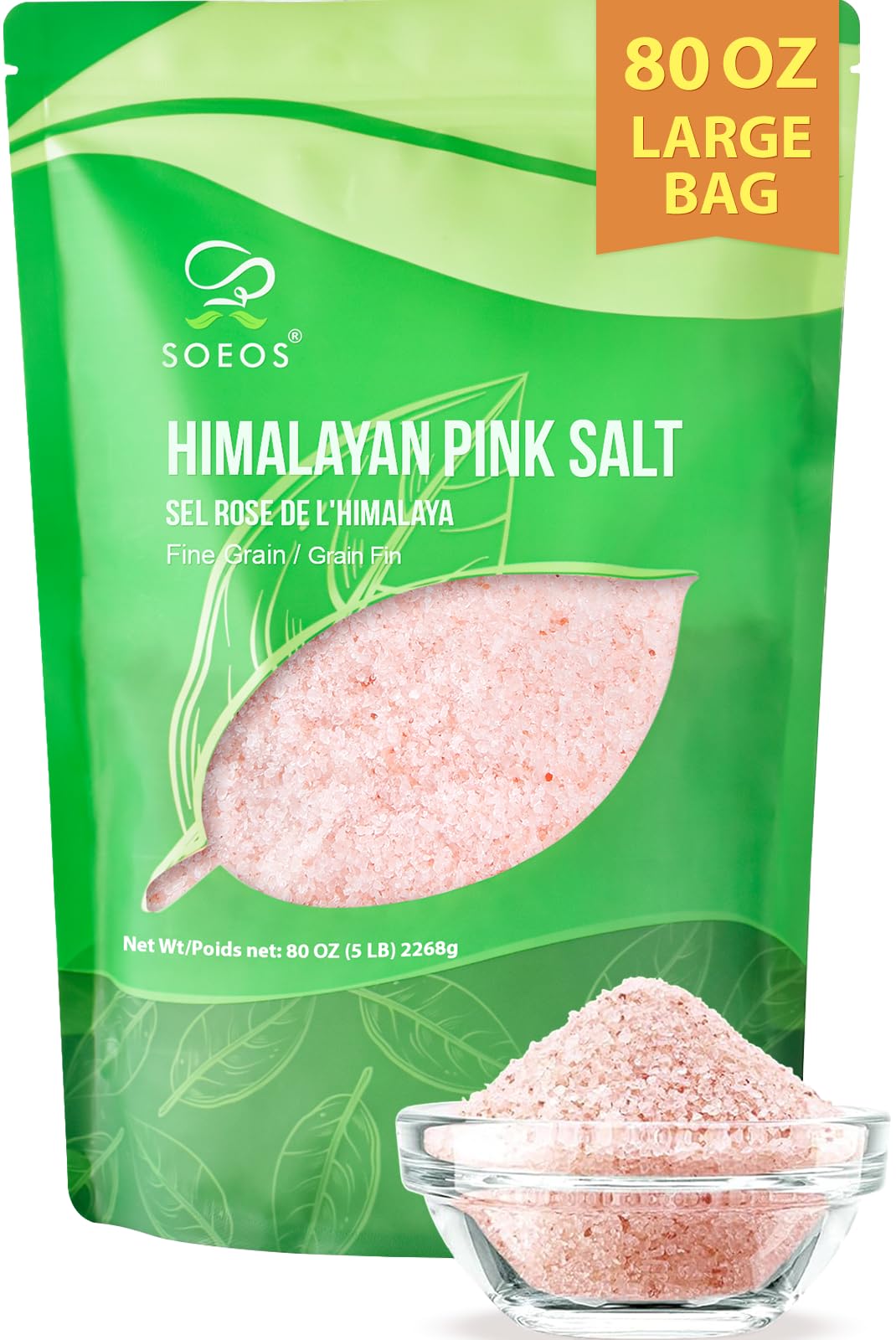 Soeos Himalayan Pink Salt fine grain for grinder refills and everyday seasoning.